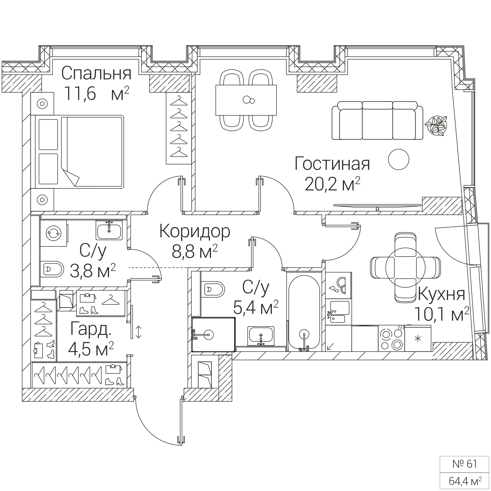 Официальная планировка SEZAR FUTURE, 64,4 м²