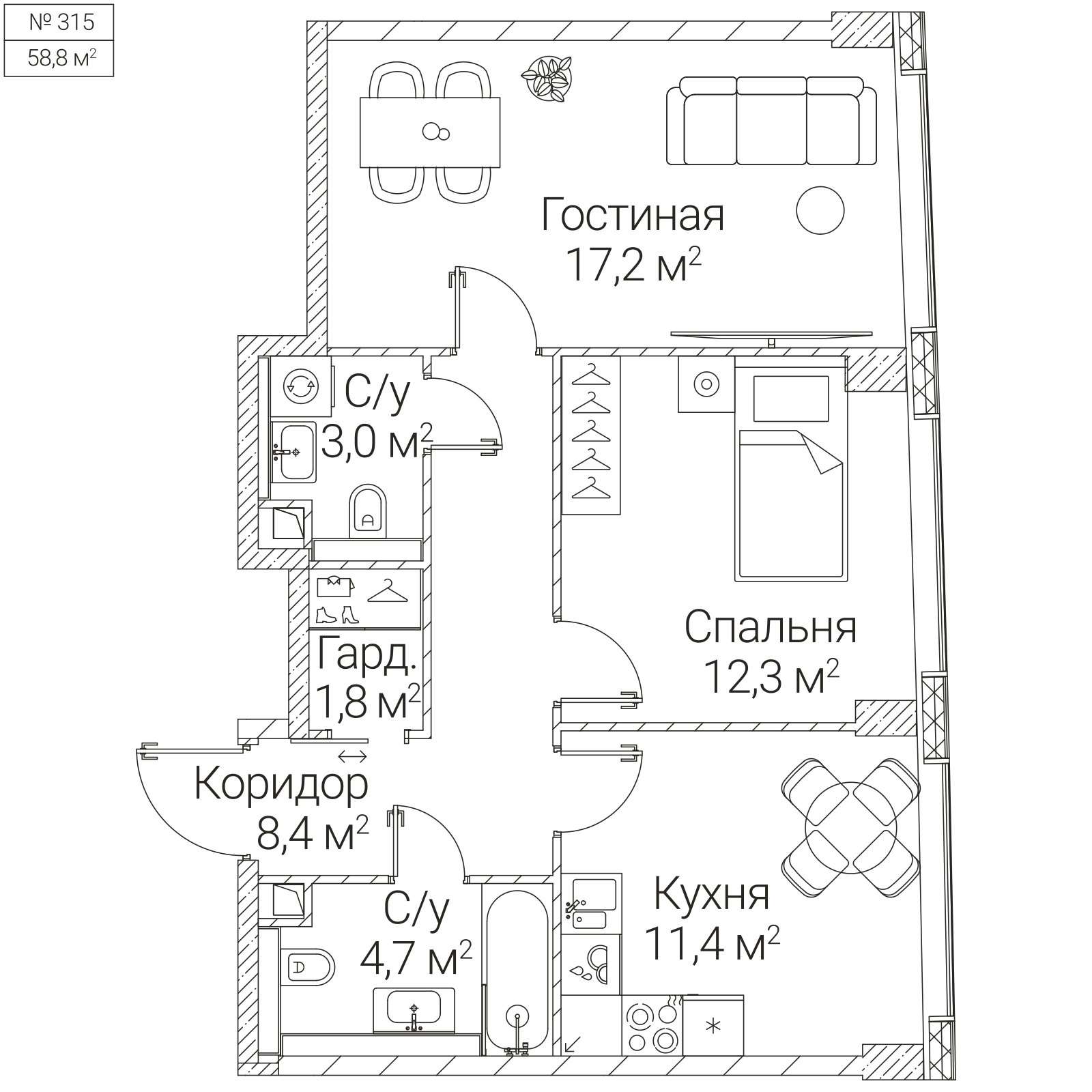 Официальная планировка SEZAR FUTURE, 58,8 м²
