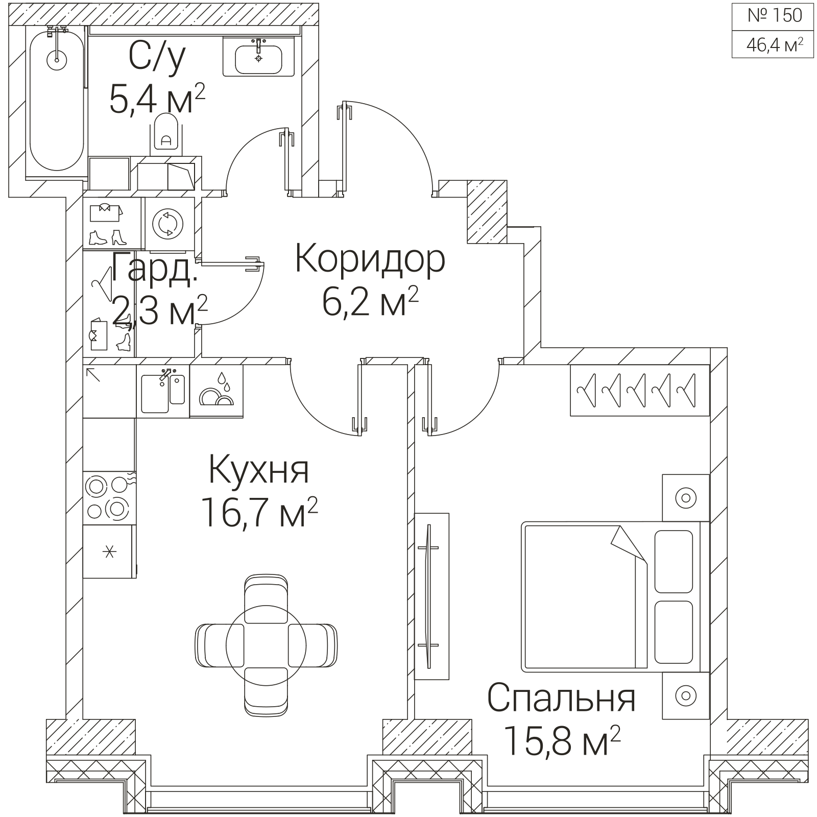 Официальная планировка SEZAR FUTURE, 46,4 м²