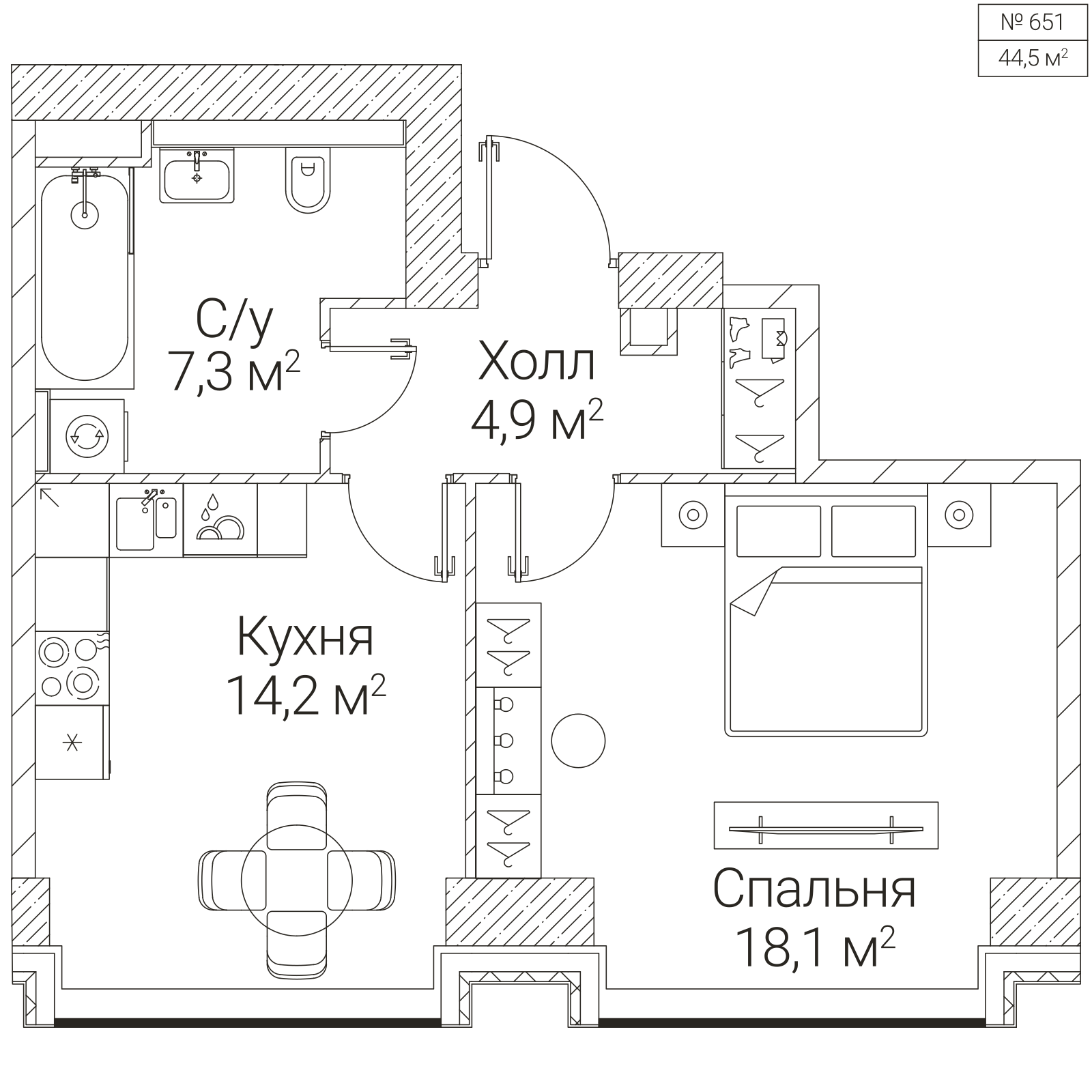Официальная планировка SEZAR FUTURE, 44,5 м²