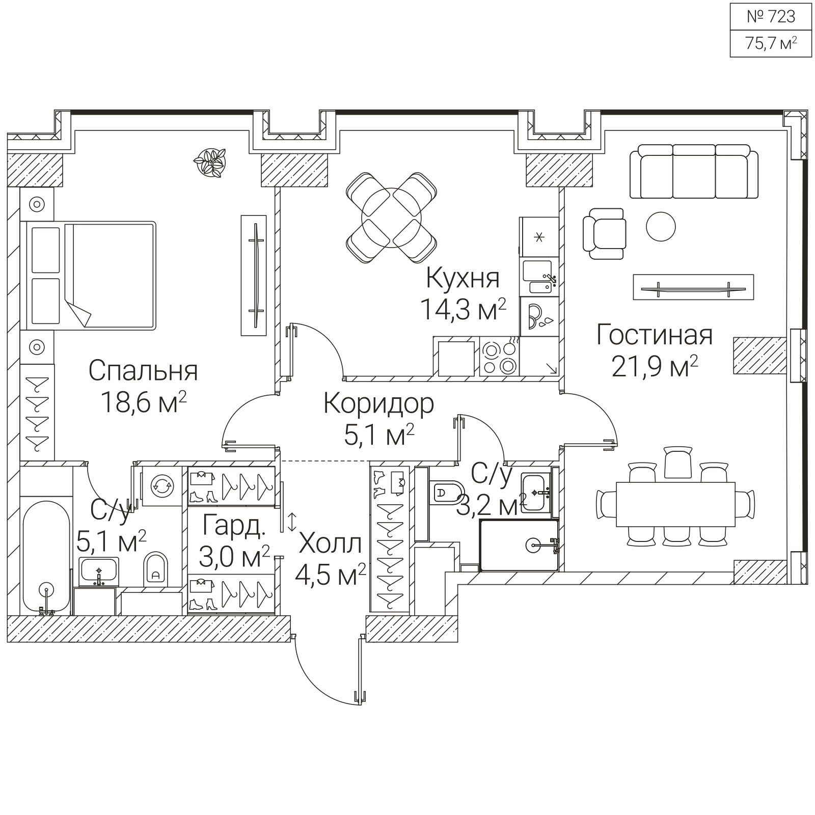 Официальная планировка SEZAR FUTURE, 75,7 м²