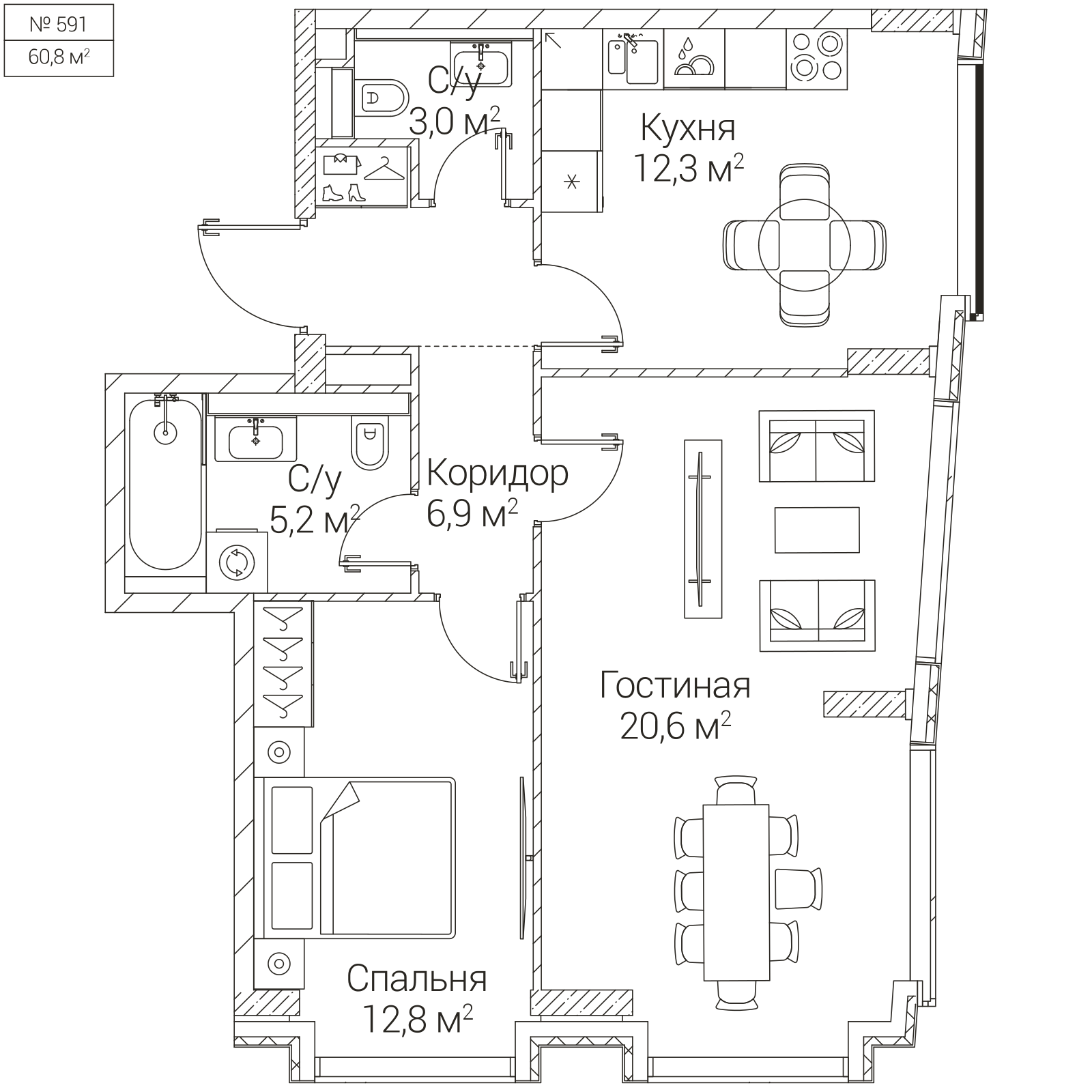 Официальная планировка SEZAR FUTURE, 60,8 м²