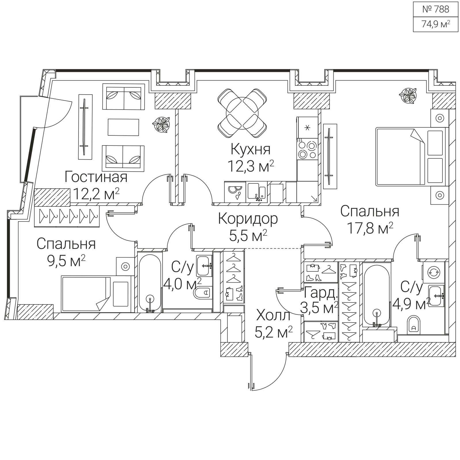 Официальная планировка SEZAR FUTURE, 74,9 м²