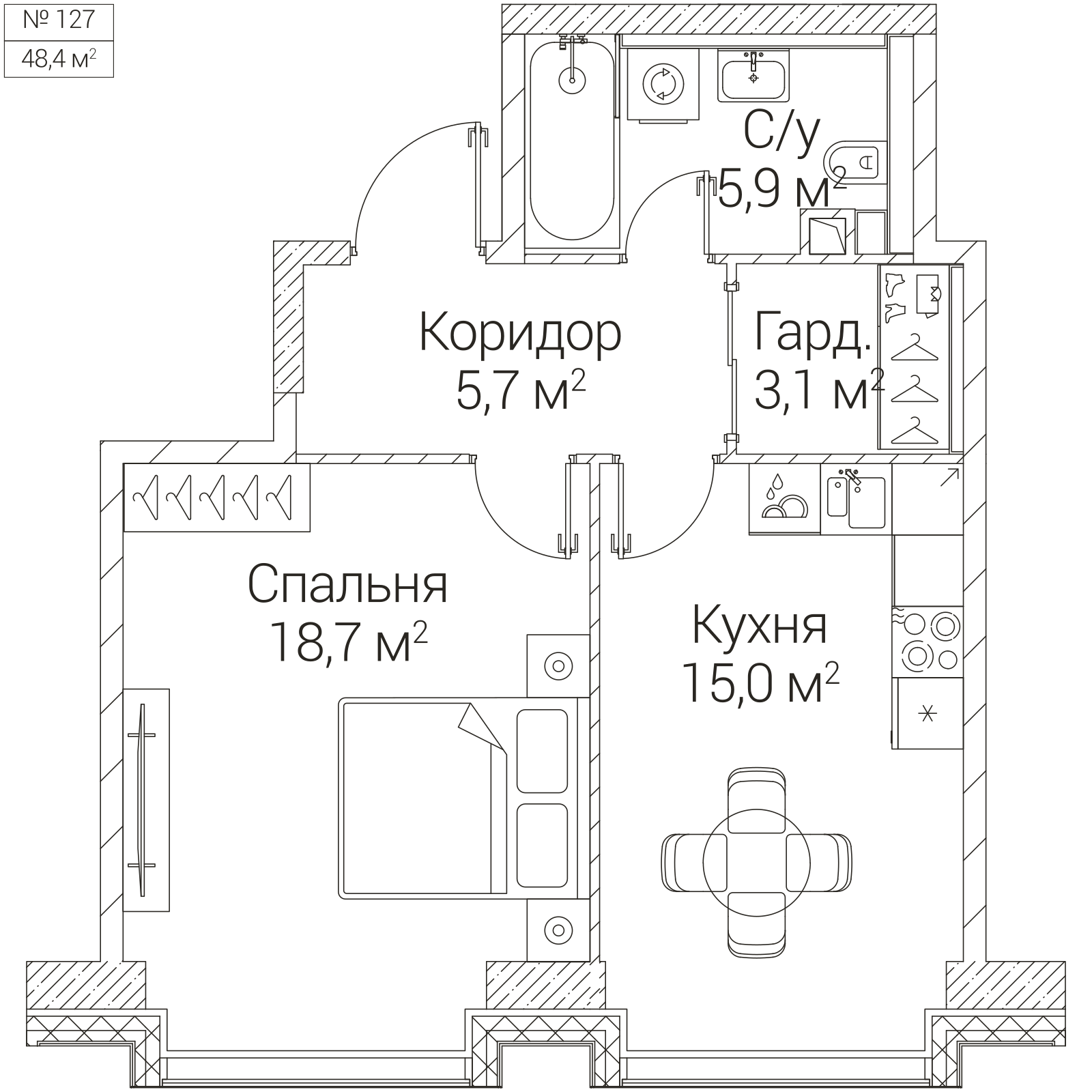 Официальная планировка SEZAR FUTURE, 48,4 м²