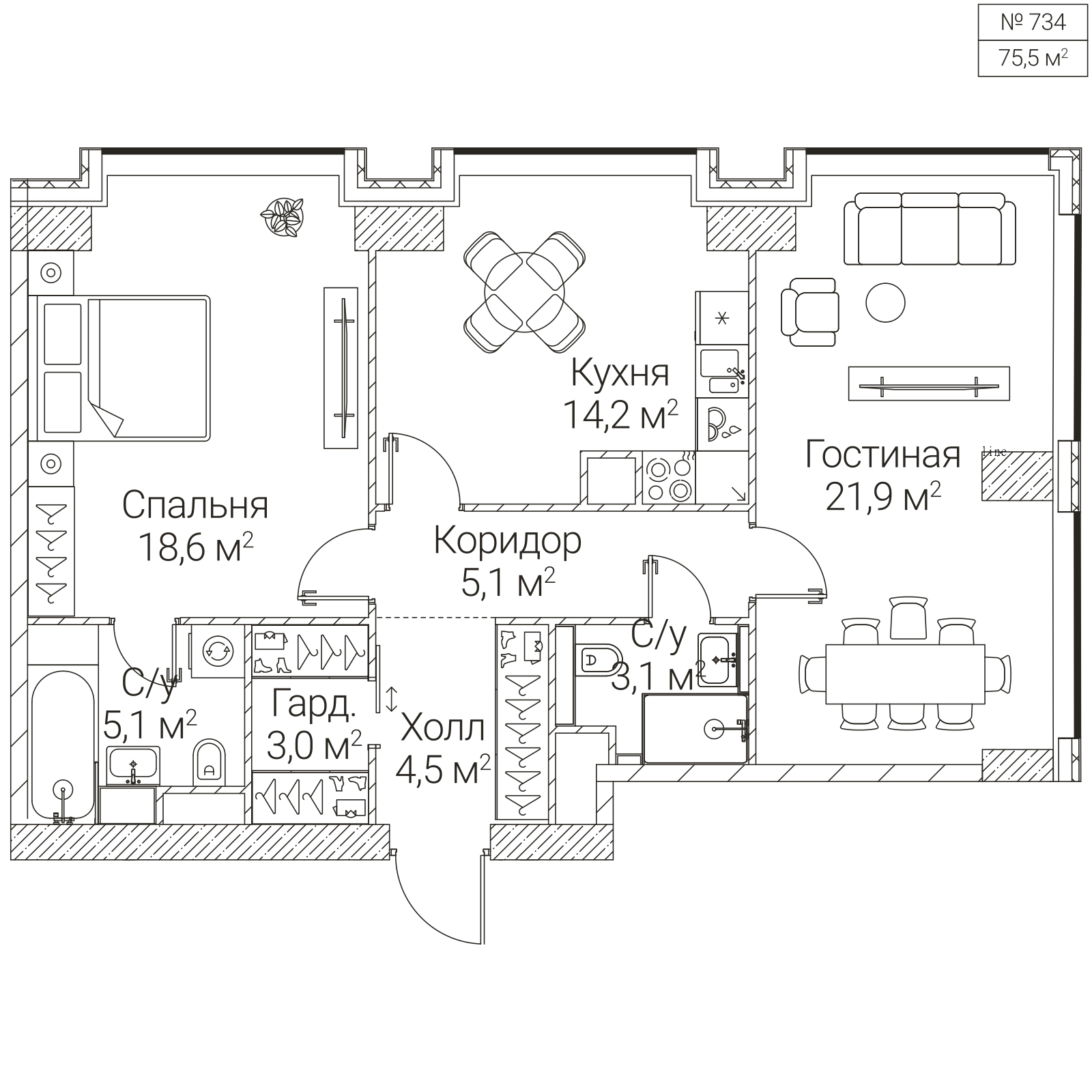Официальная планировка SEZAR FUTURE, 75,5 м²