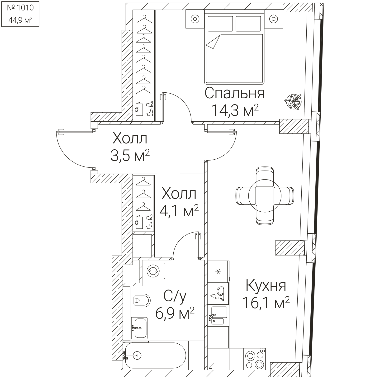 Официальная планировка SEZAR FUTURE, 44,9 м²