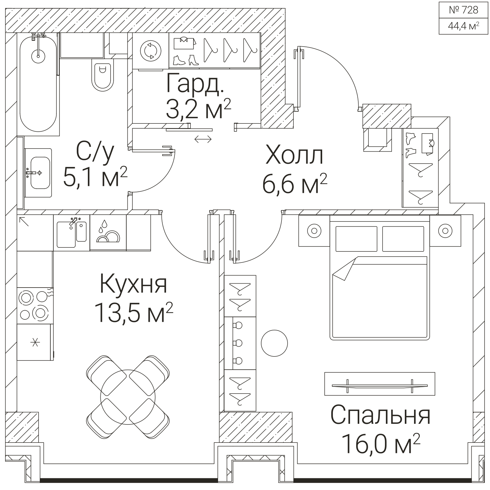 Официальная планировка SEZAR FUTURE, 44,4 м²