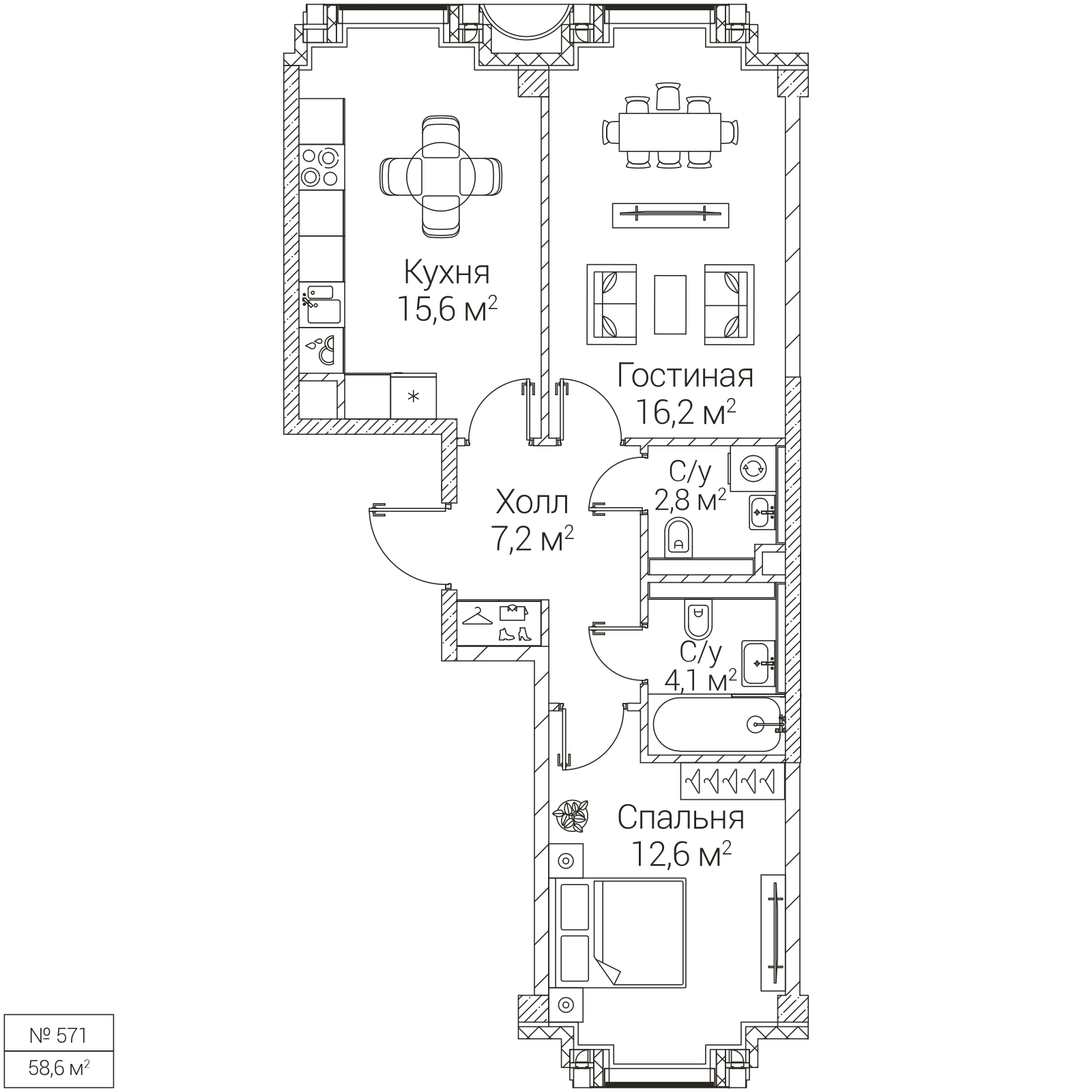 Официальная планировка SEZAR FUTURE, 58,6 м²