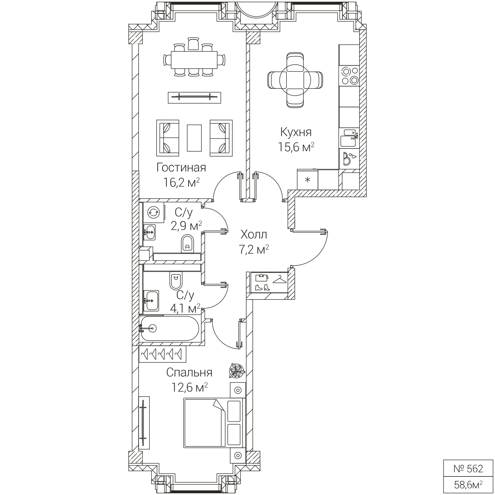 Официальная планировка SEZAR FUTURE, 58,6 м²