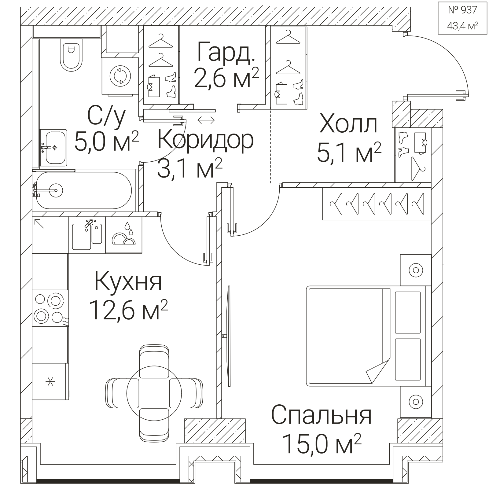 Официальная планировка SEZAR FUTURE, 43,4 м²