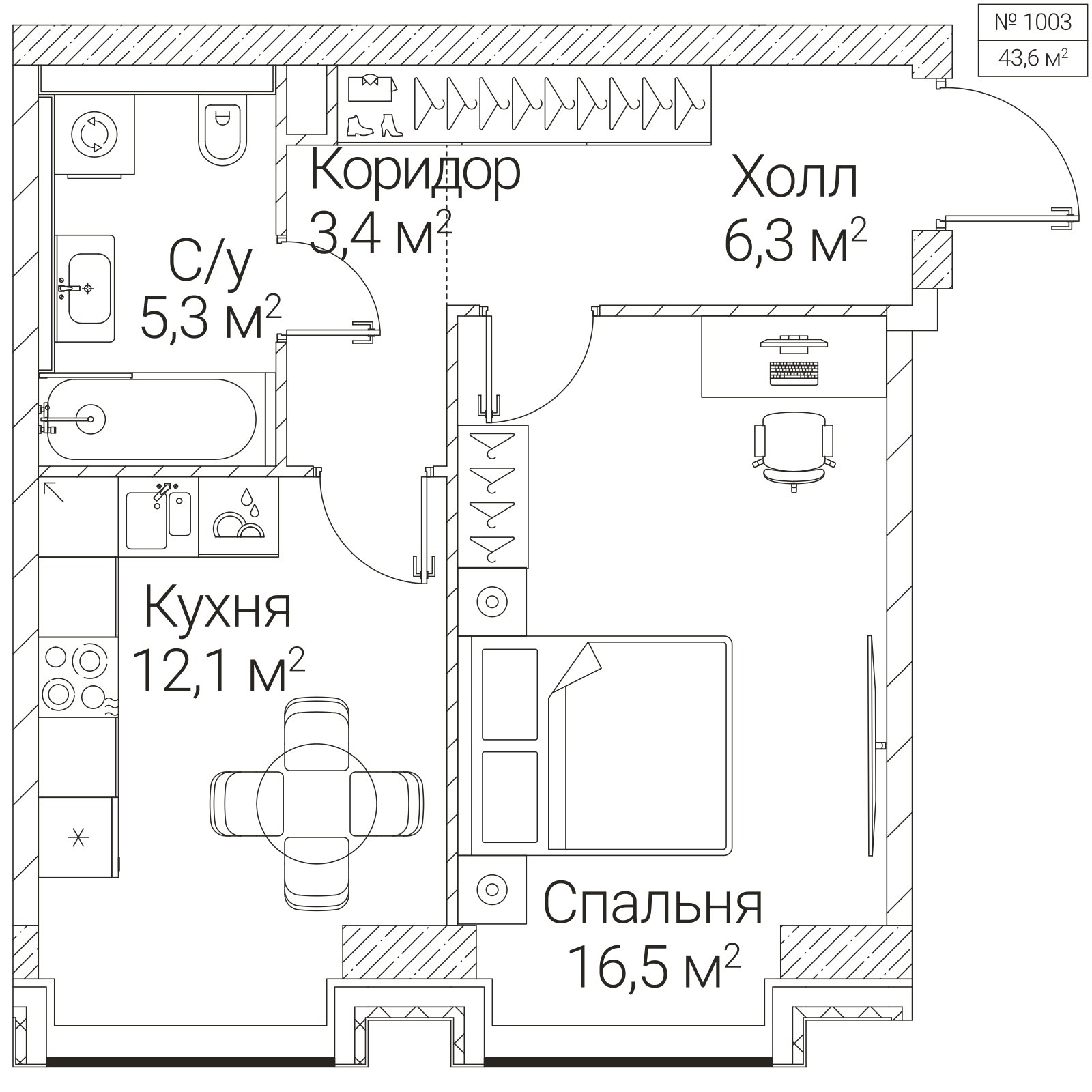 Официальная планировка SEZAR FUTURE, 43,6 м²