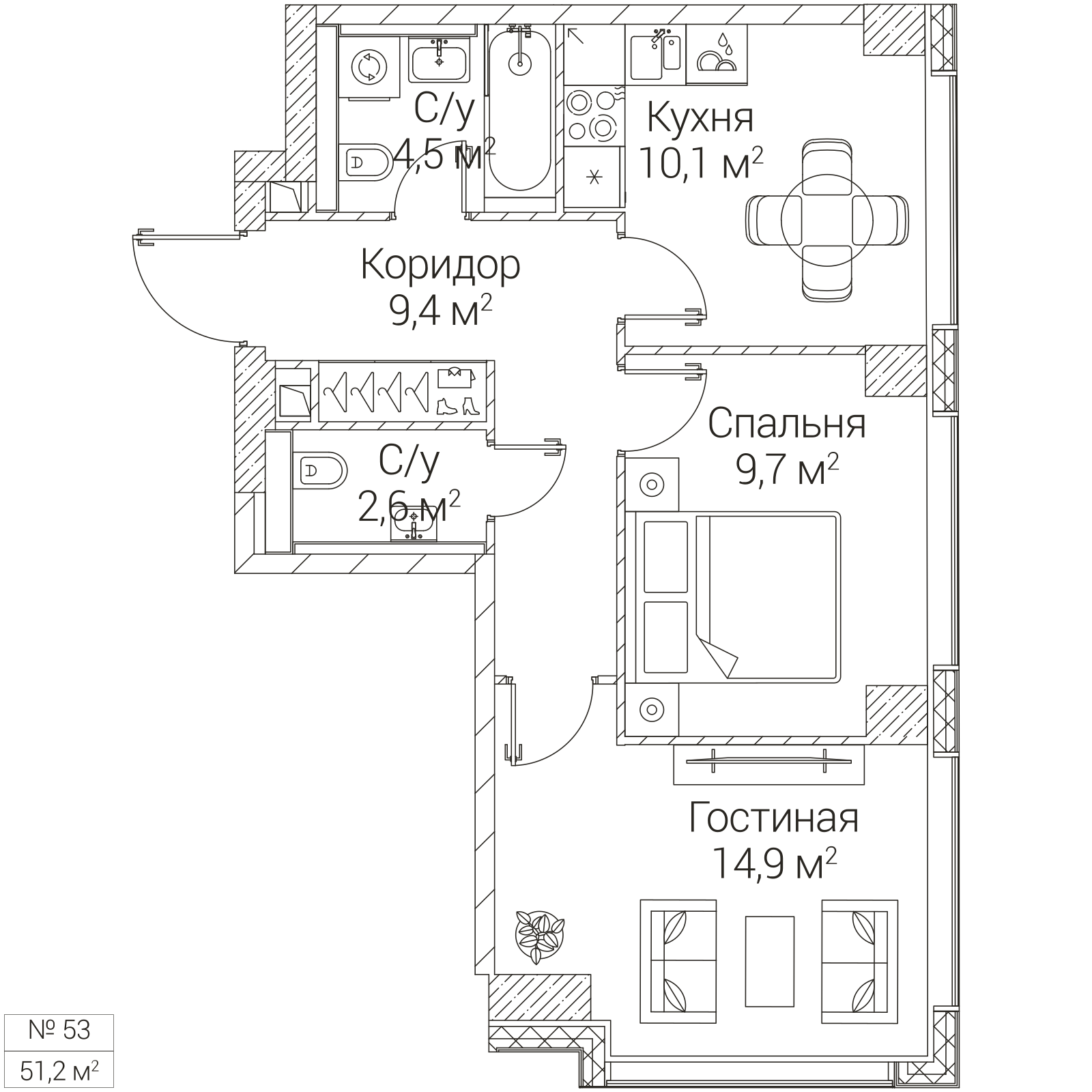 Официальная планировка SEZAR FUTURE, 51,2 м²