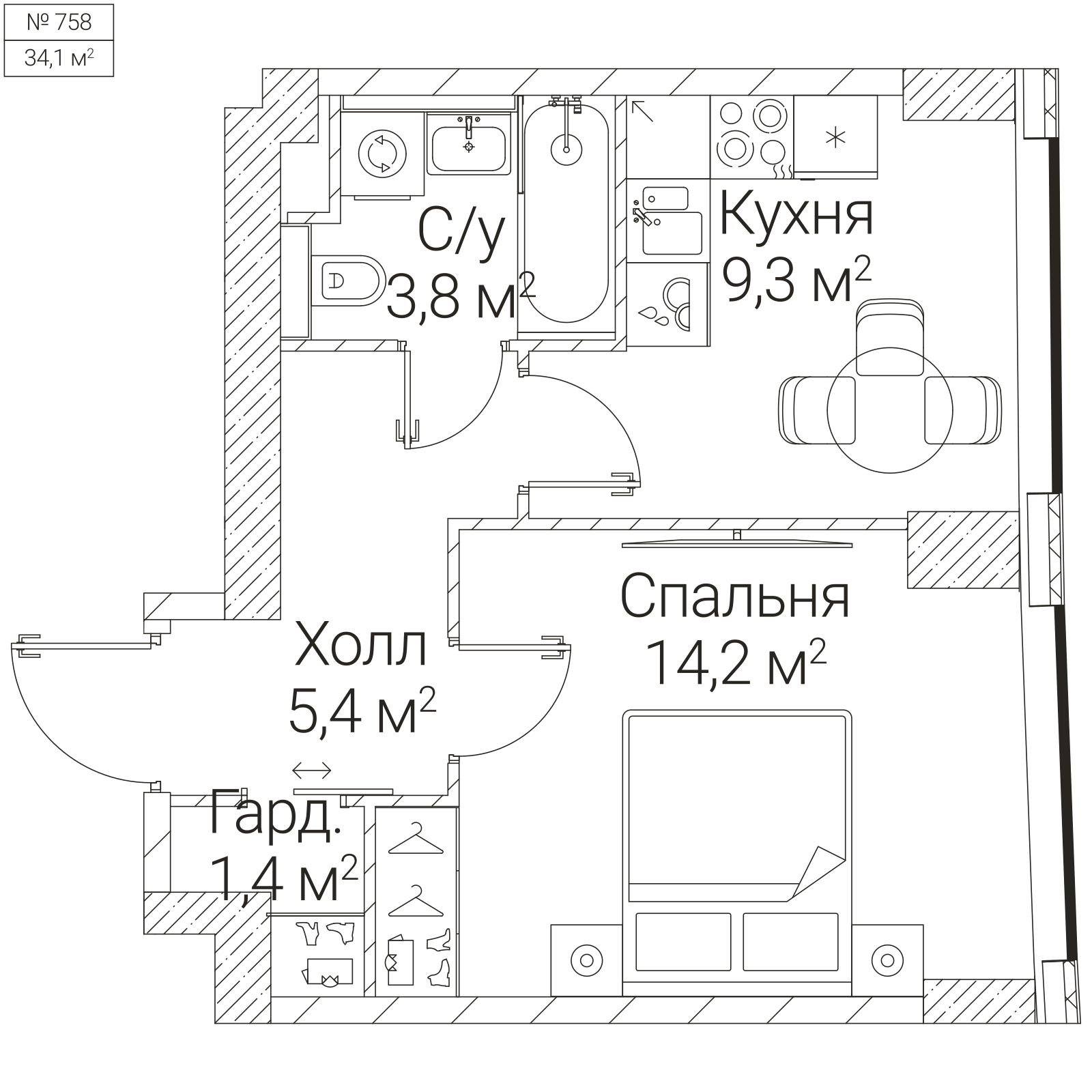 Официальная планировка SEZAR FUTURE, 34,1 м²