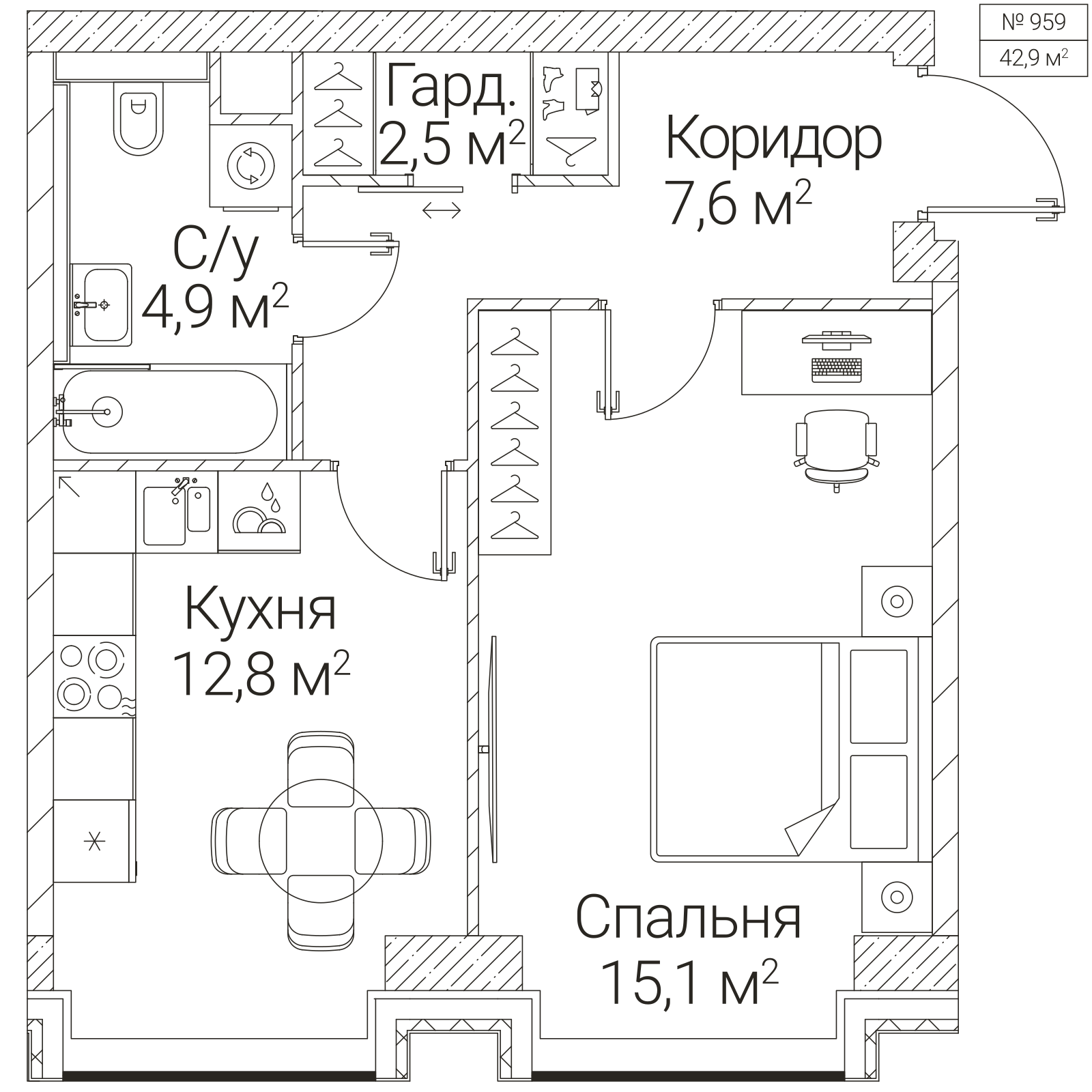 Официальная планировка SEZAR FUTURE, 42,9 м²