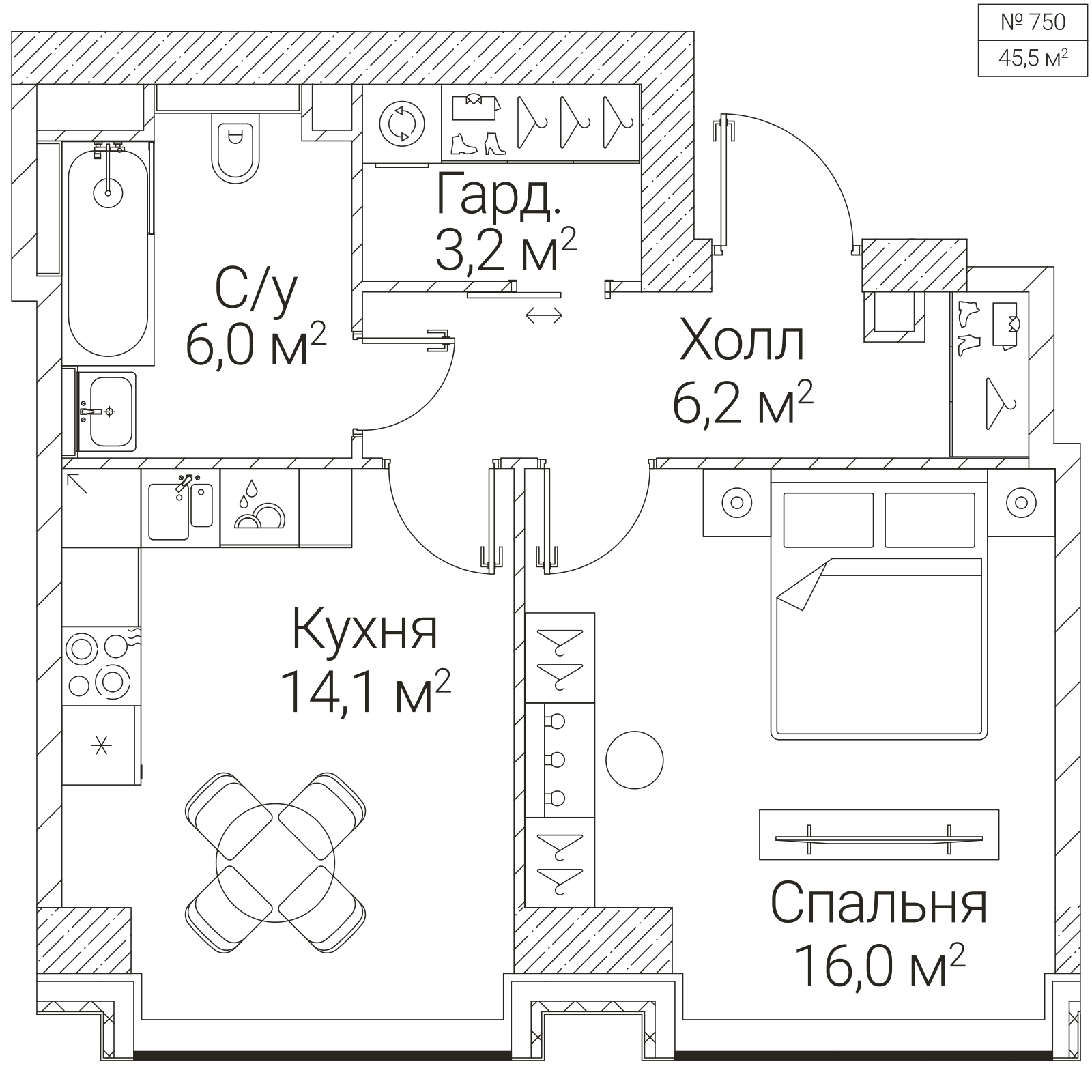 Официальная планировка SEZAR FUTURE, 45,5 м²