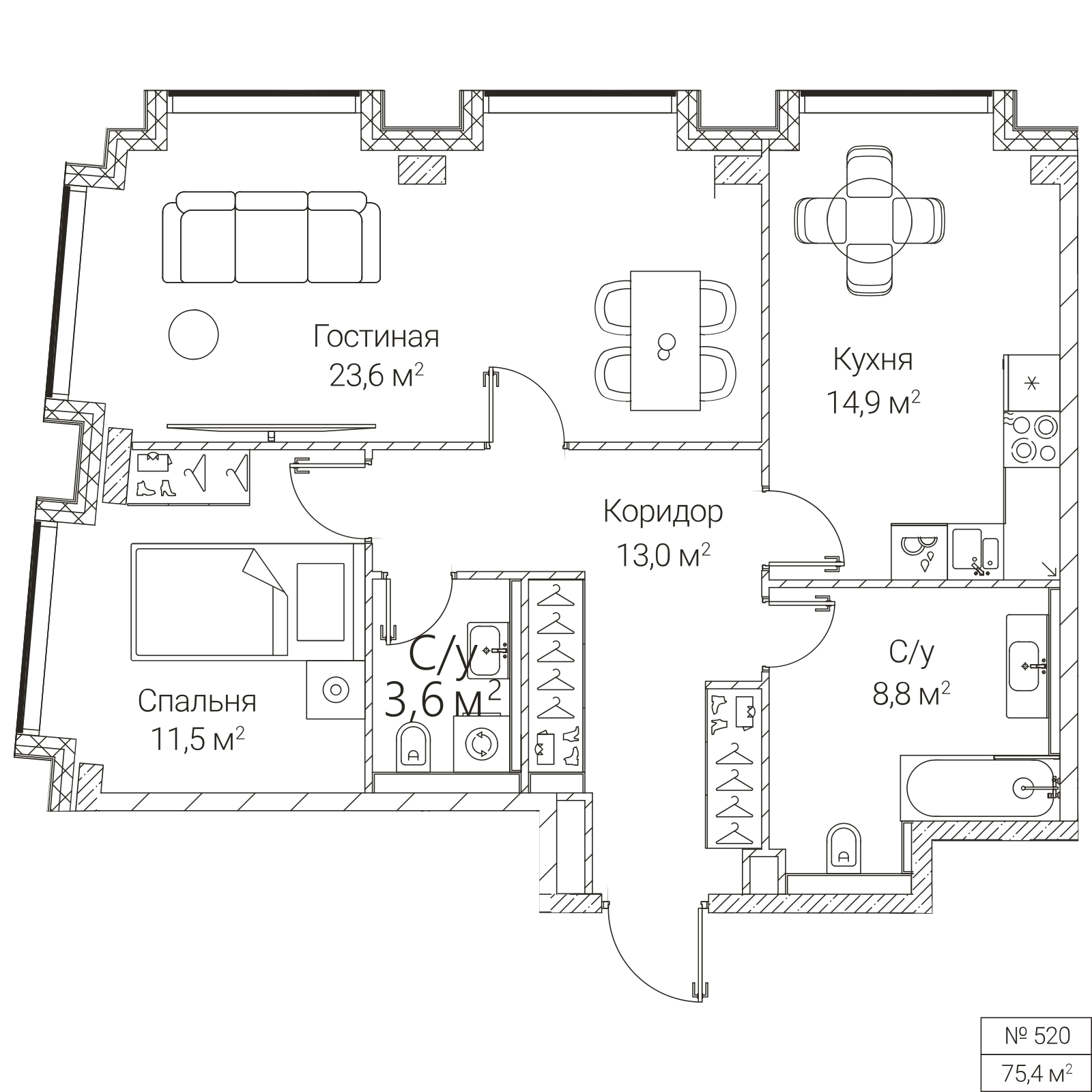 Официальная планировка SEZAR FUTURE, 75,4 м²