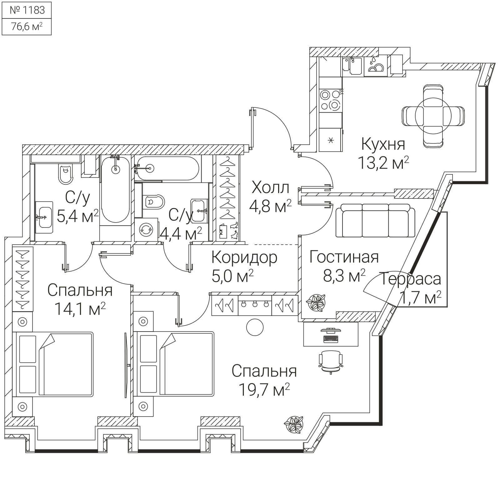 Официальная планировка SEZAR FUTURE, 75,4 м²