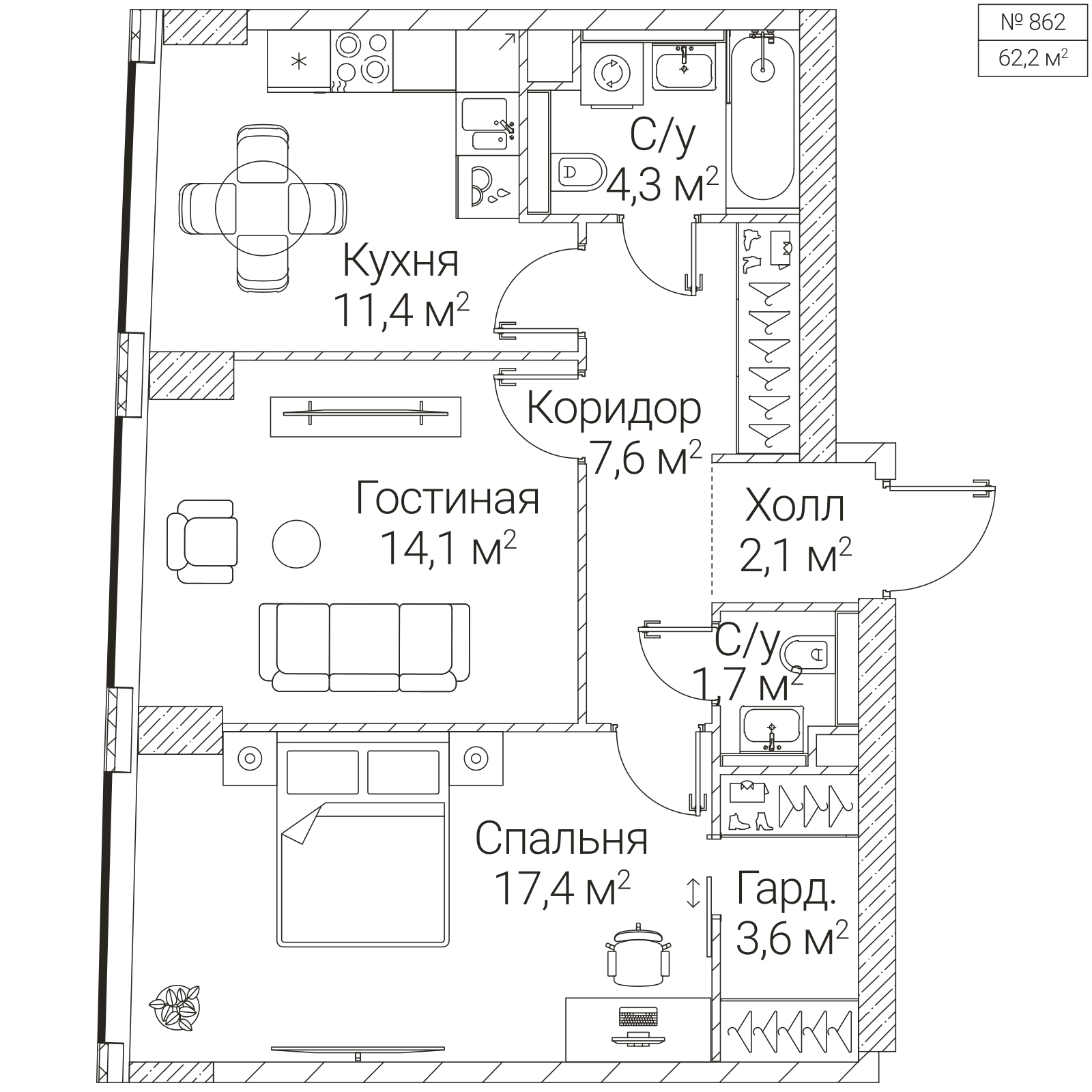 Официальная планировка SEZAR FUTURE, 62,2 м²
