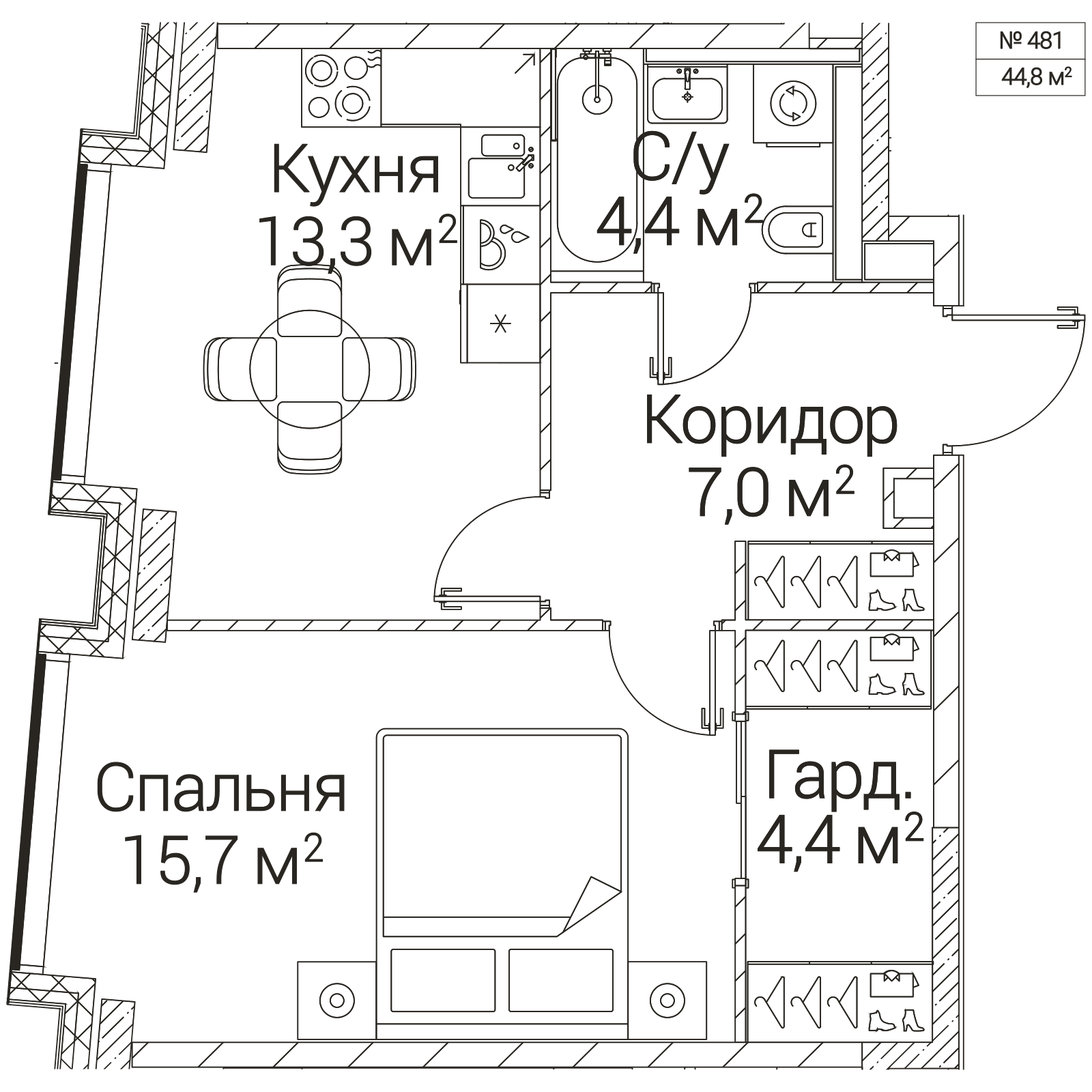 Официальная планировка SEZAR FUTURE, 44,8 м²