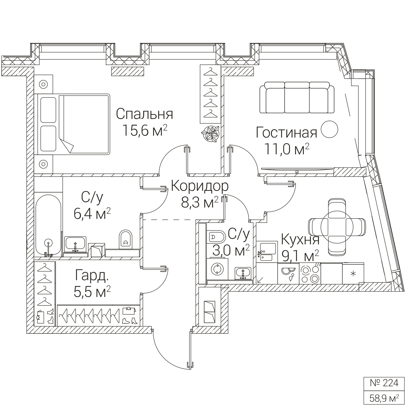 Официальная планировка SEZAR FUTURE, 58,9 м²