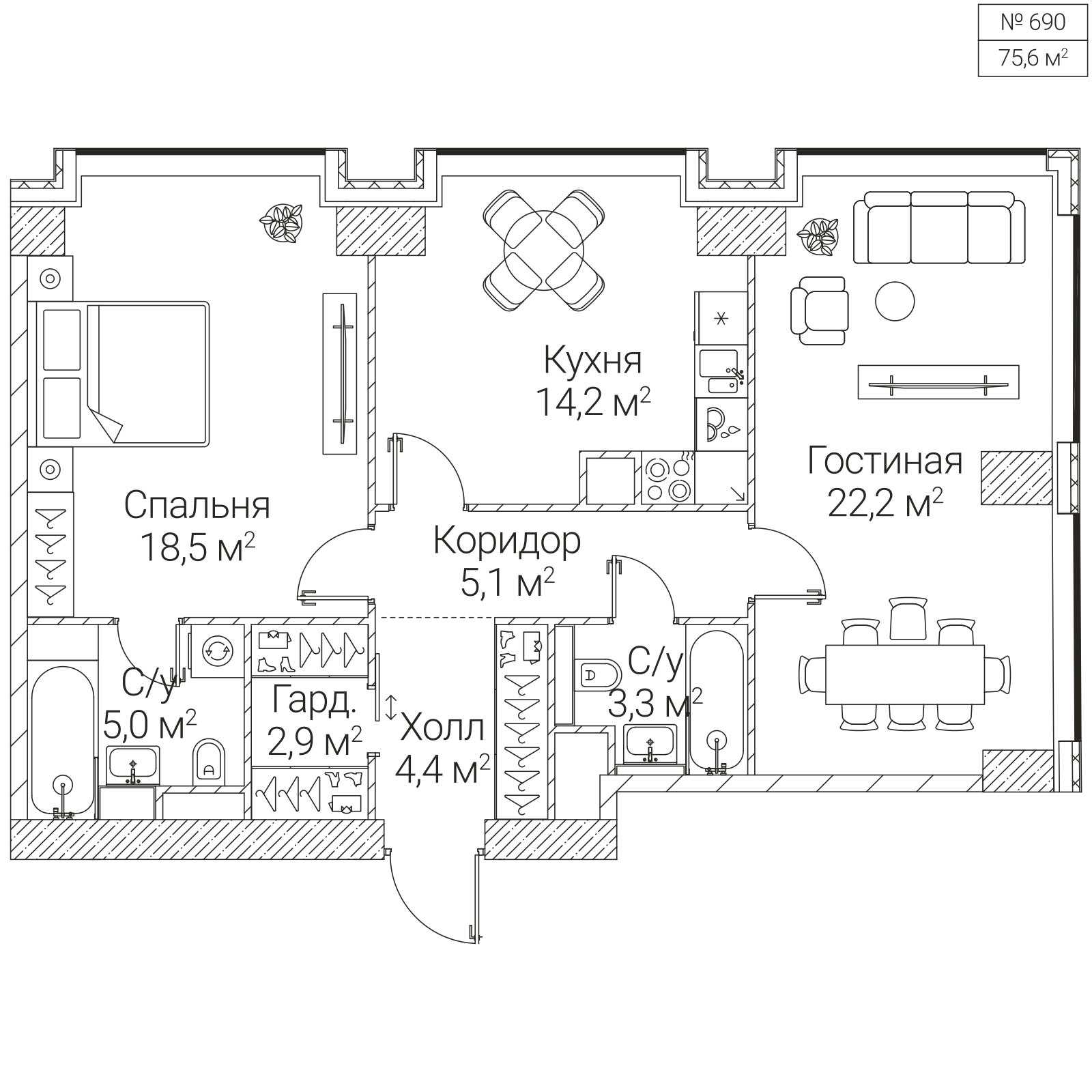 Официальная планировка SEZAR FUTURE, 75,6 м²