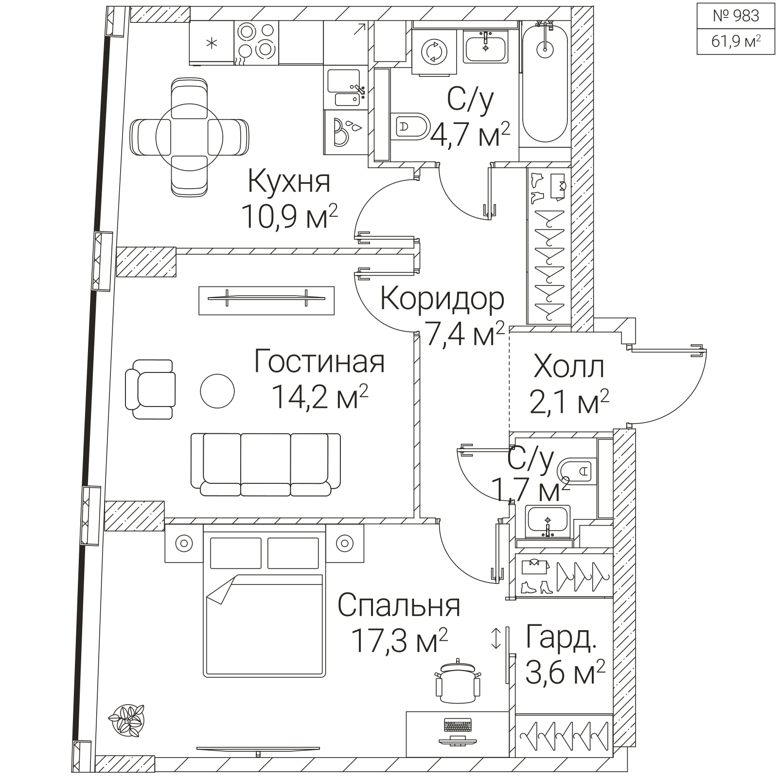 Официальная планировка SEZAR FUTURE, 61,9 м²