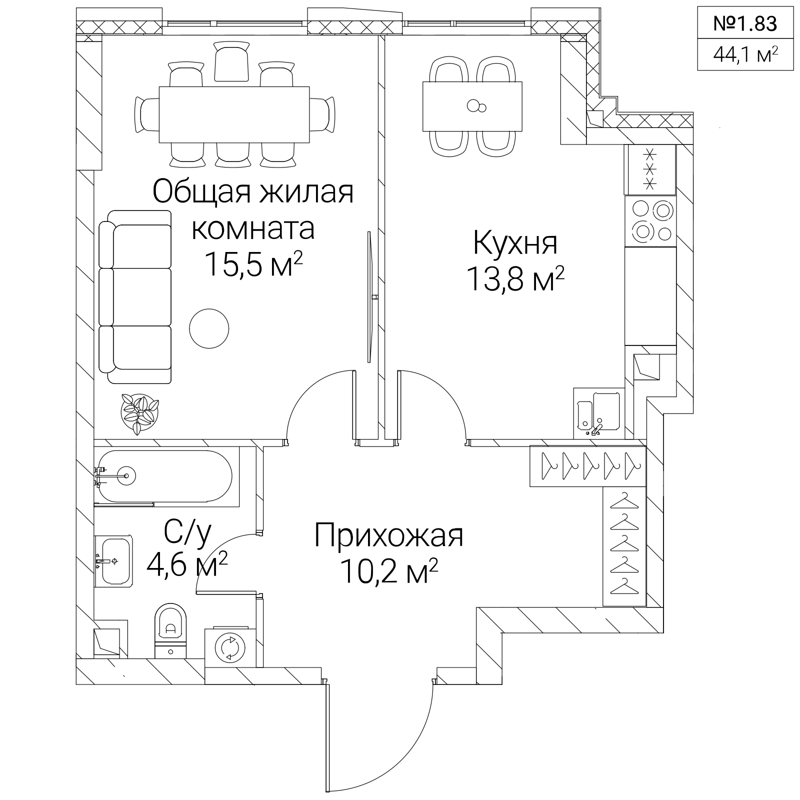 Официальная планировка SEZAR SILICA, 44,1 м²