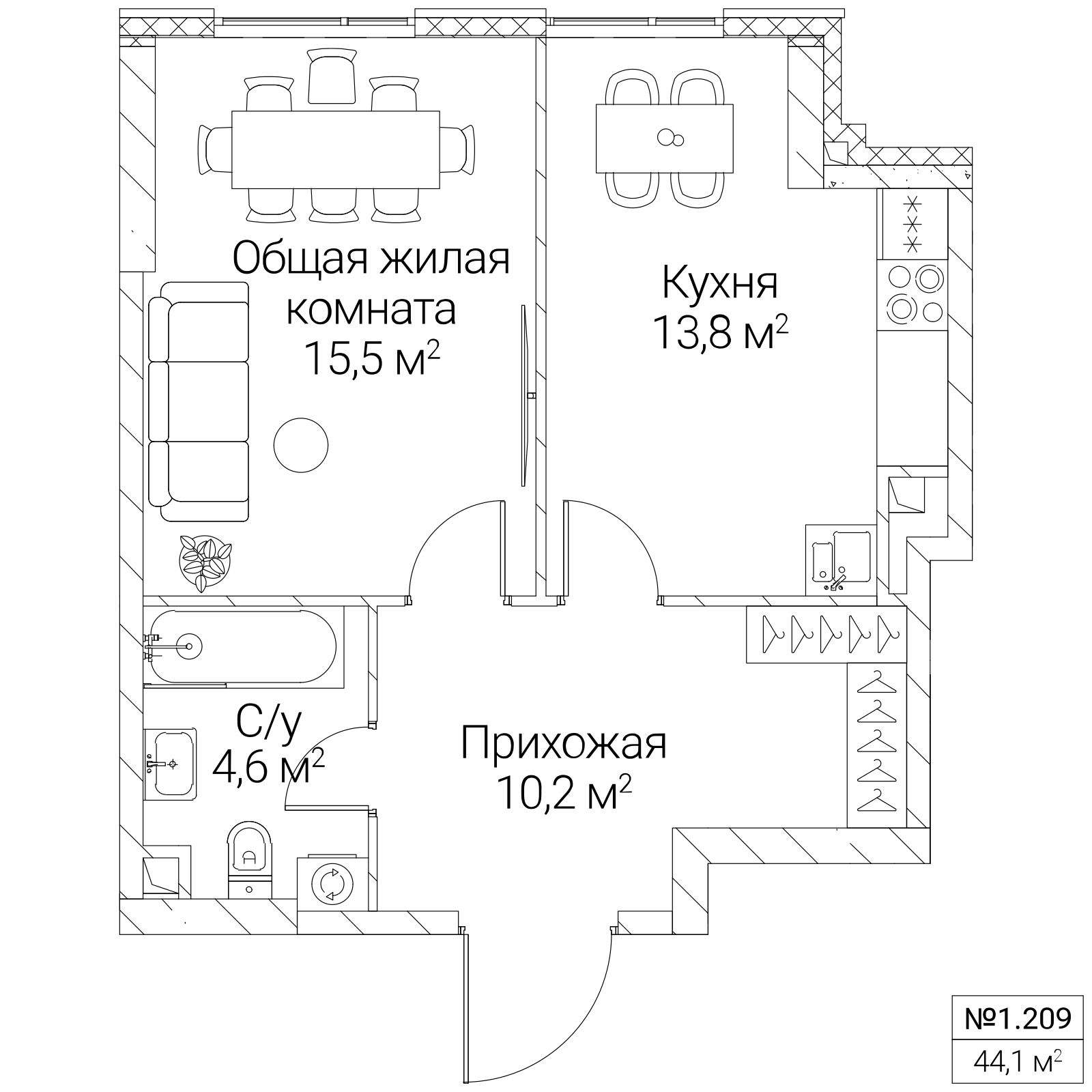 Официальная планировка SEZAR SILICA, 44,1 м²