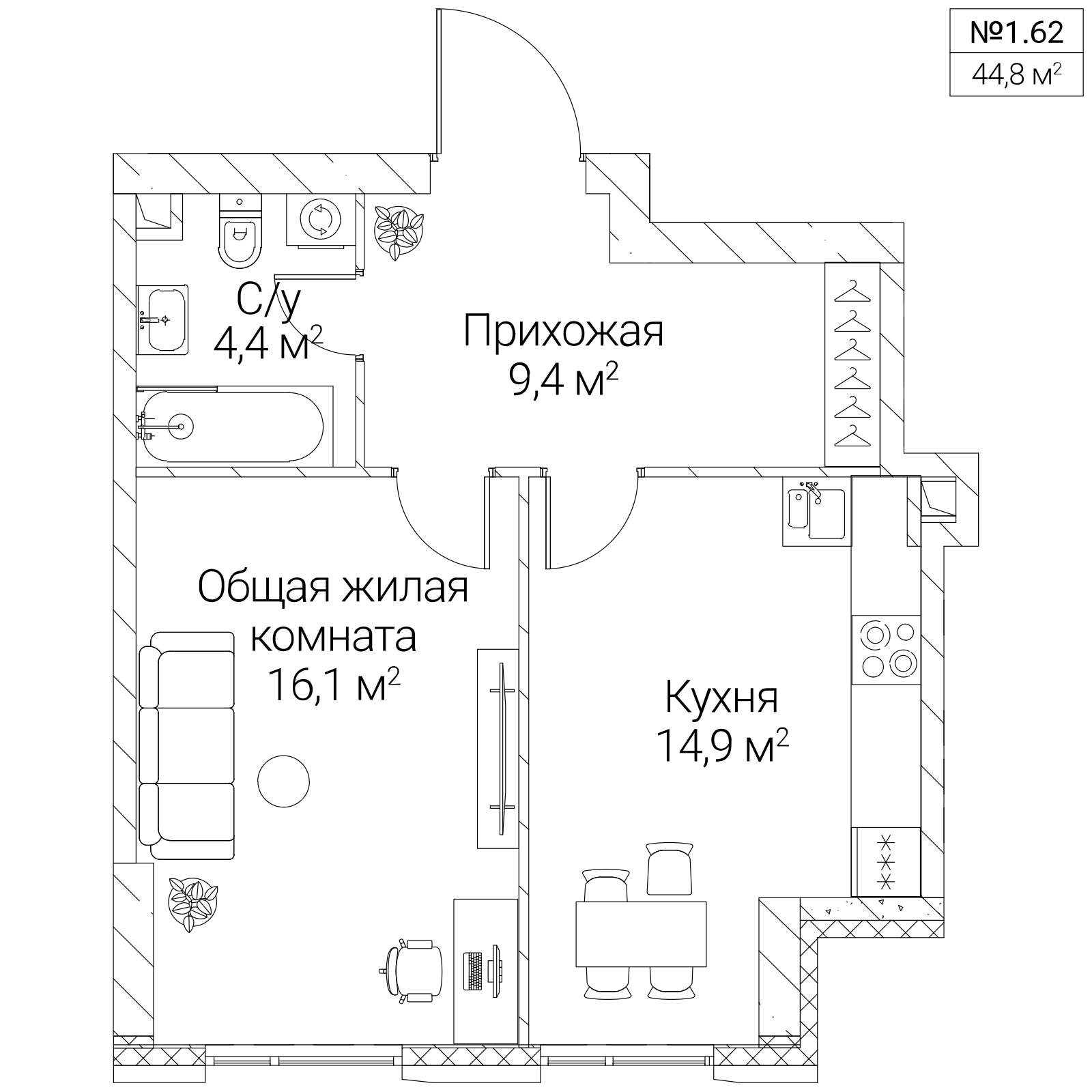 Официальная планировка SEZAR SILICA, 44,8 м²