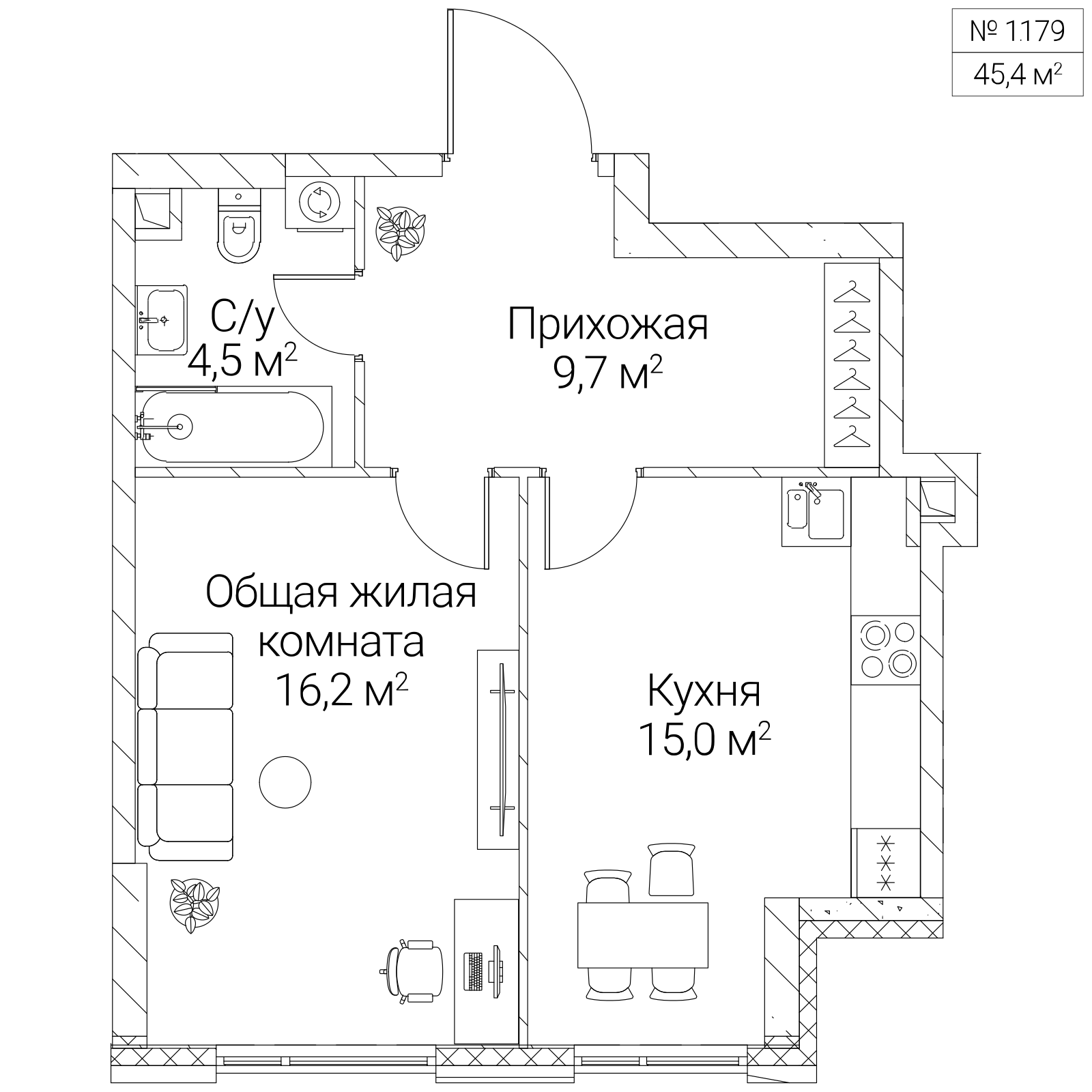Официальная планировка SEZAR SILICA, 45,4 м²