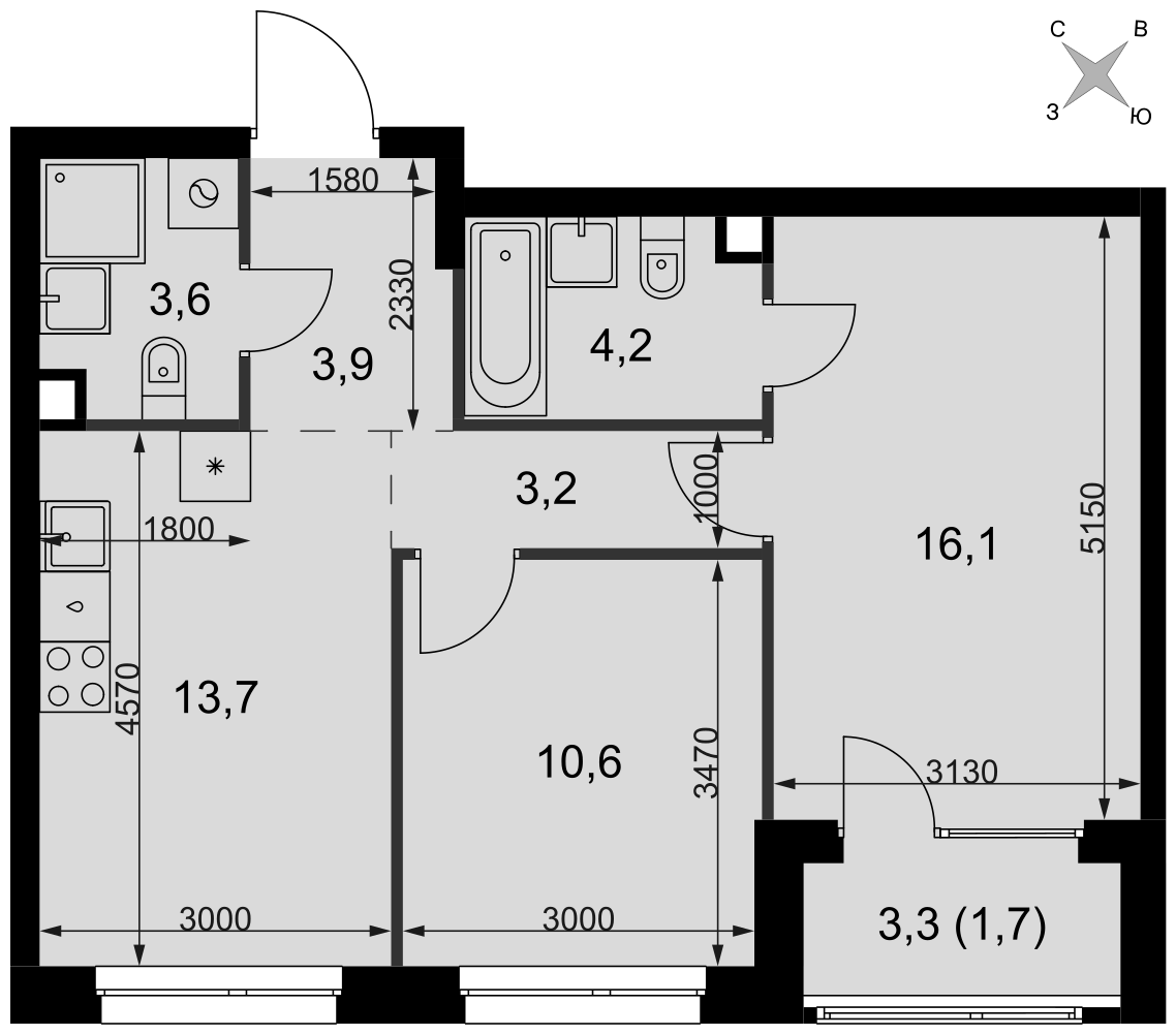 Официальная планировка Симоновский Вал, 57 м²