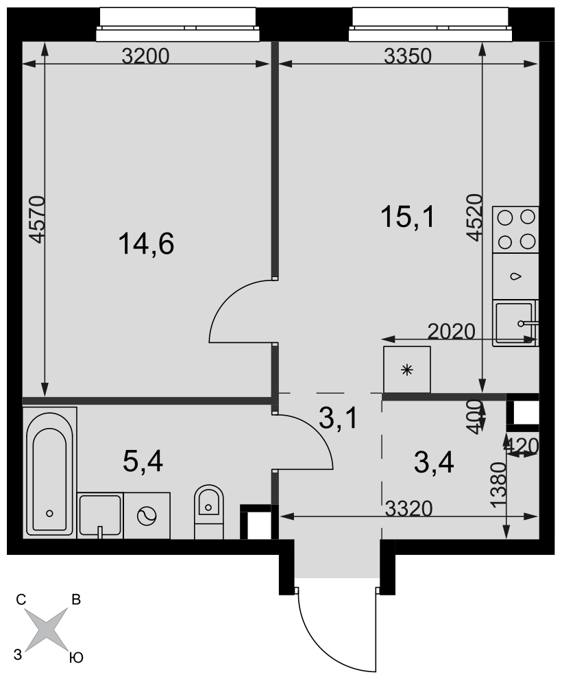 Официальная планировка Симоновский Вал, 41,6 м²