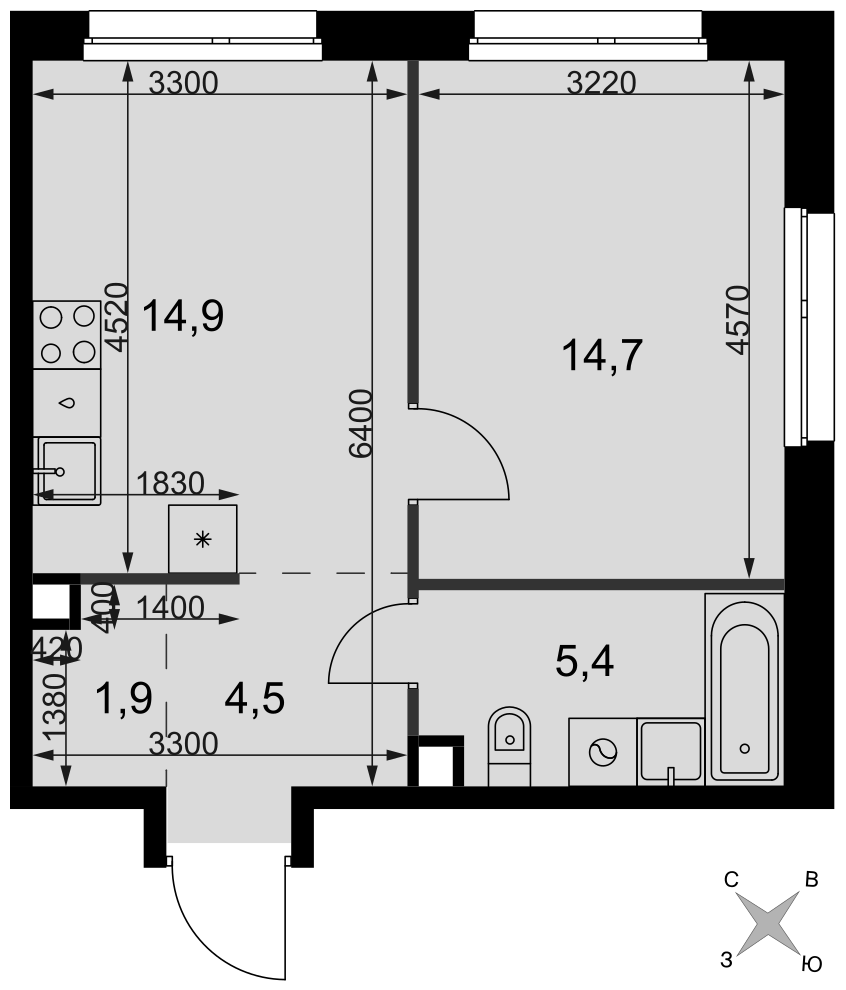 Официальная планировка Симоновский Вал, 41,4 м²