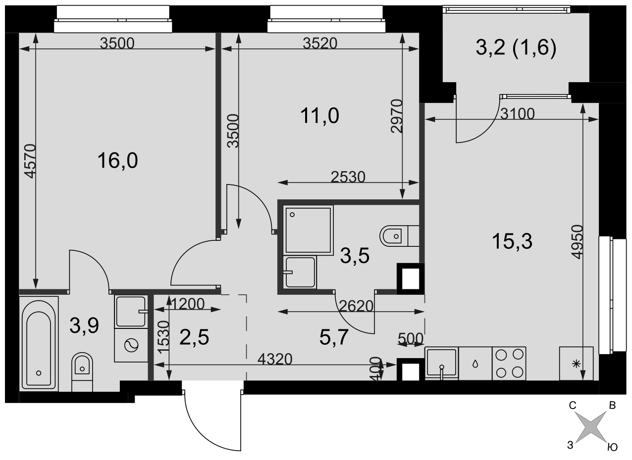 Официальная планировка Симоновский Вал, 59,5 м²