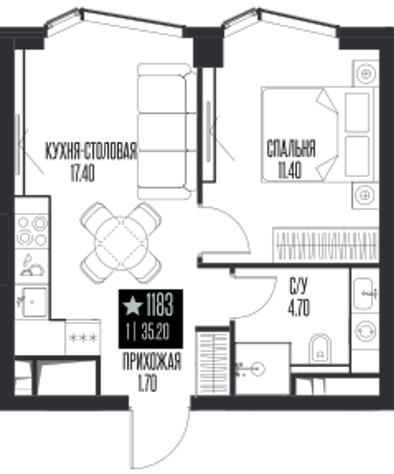 Планировка: 1-комнатная, 35,2 м²