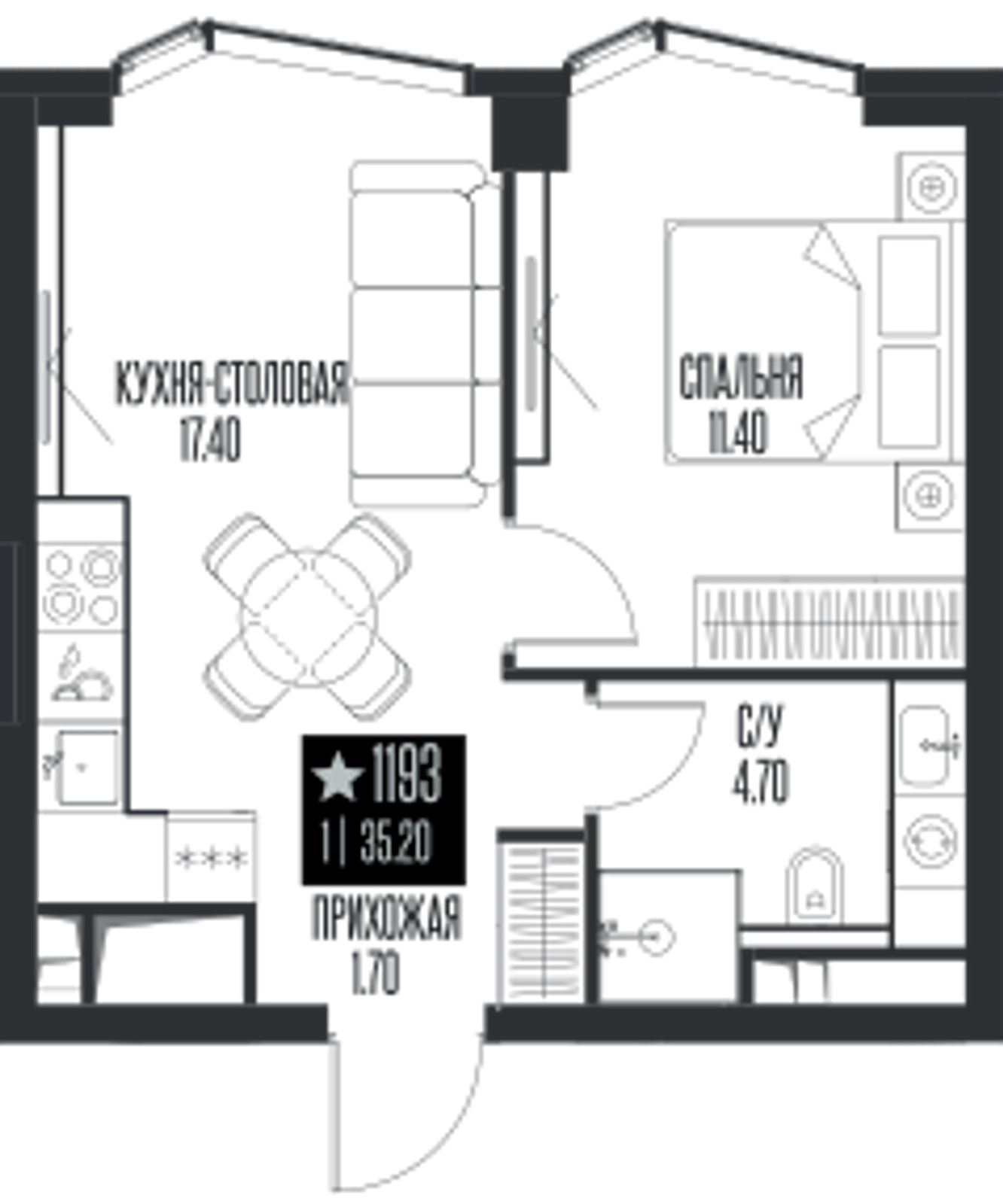 Планировка: 1-комнатная, 35,2 м²