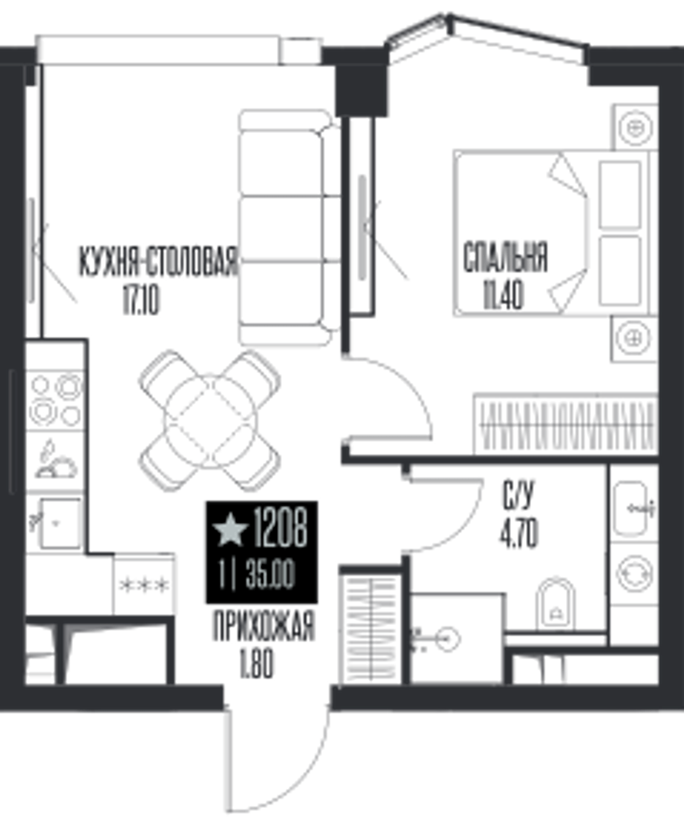 Планировка: 1-комнатная, 35 м²