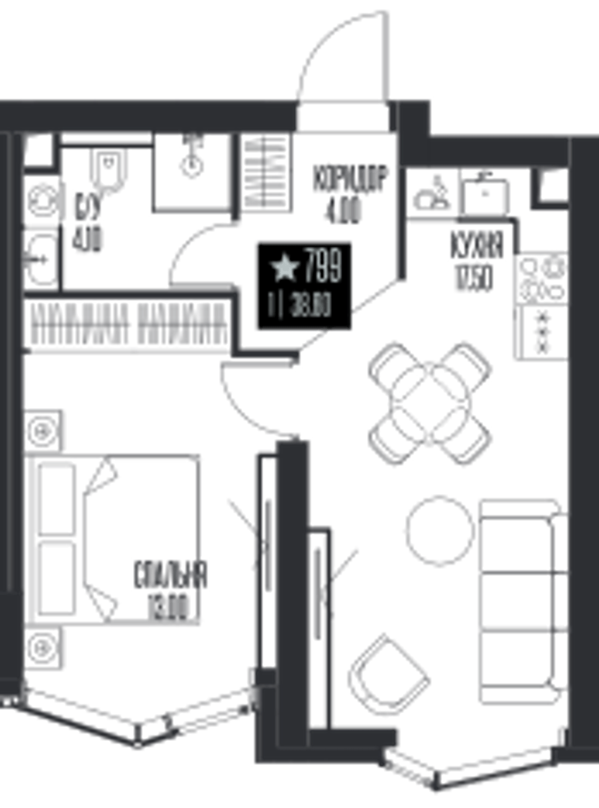 Планировка: 1-комнатная, 38,6 м²