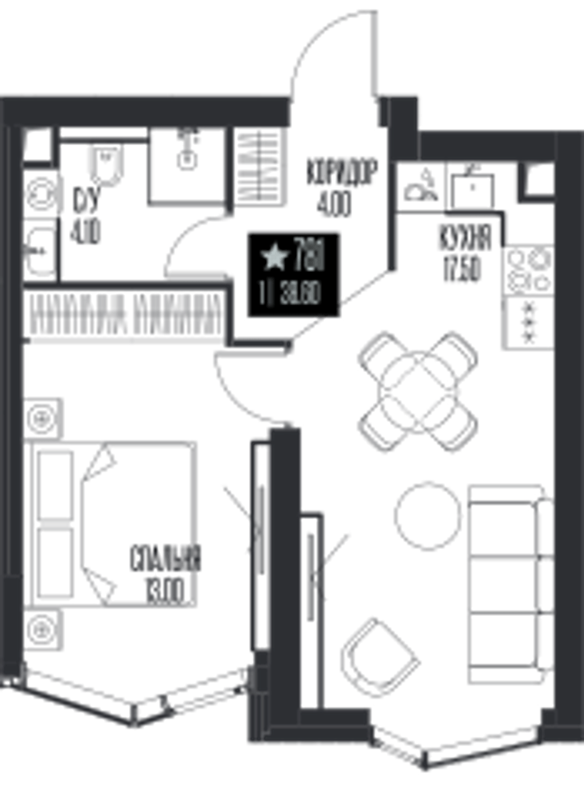 Планировка: 1-комнатная, 38,6 м²