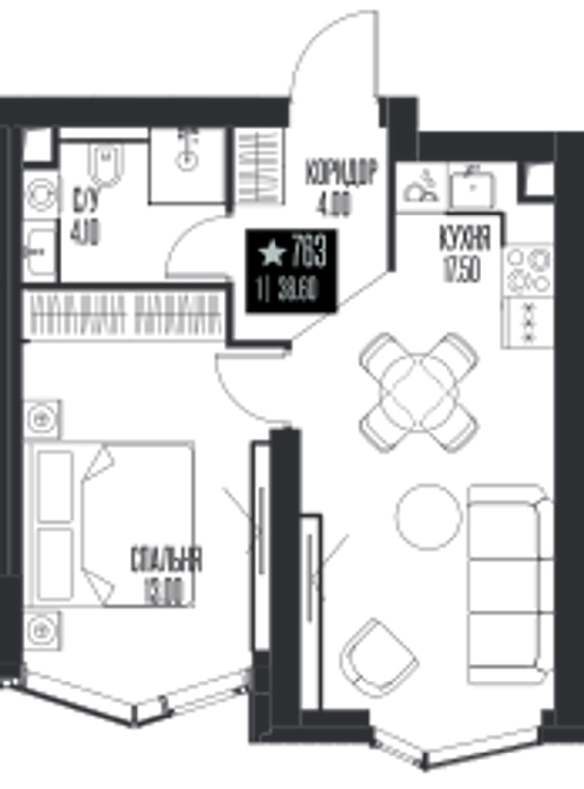 Планировка: 1-комнатная, 38,6 м²