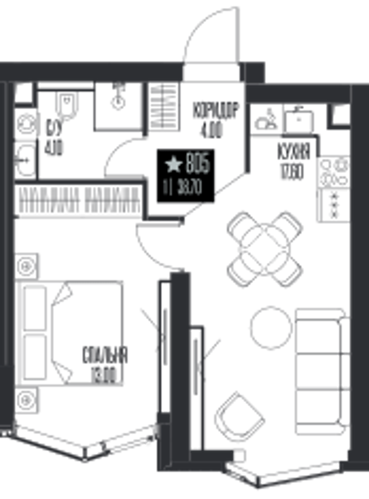 Планировка: 1-комнатная, 38,7 м²