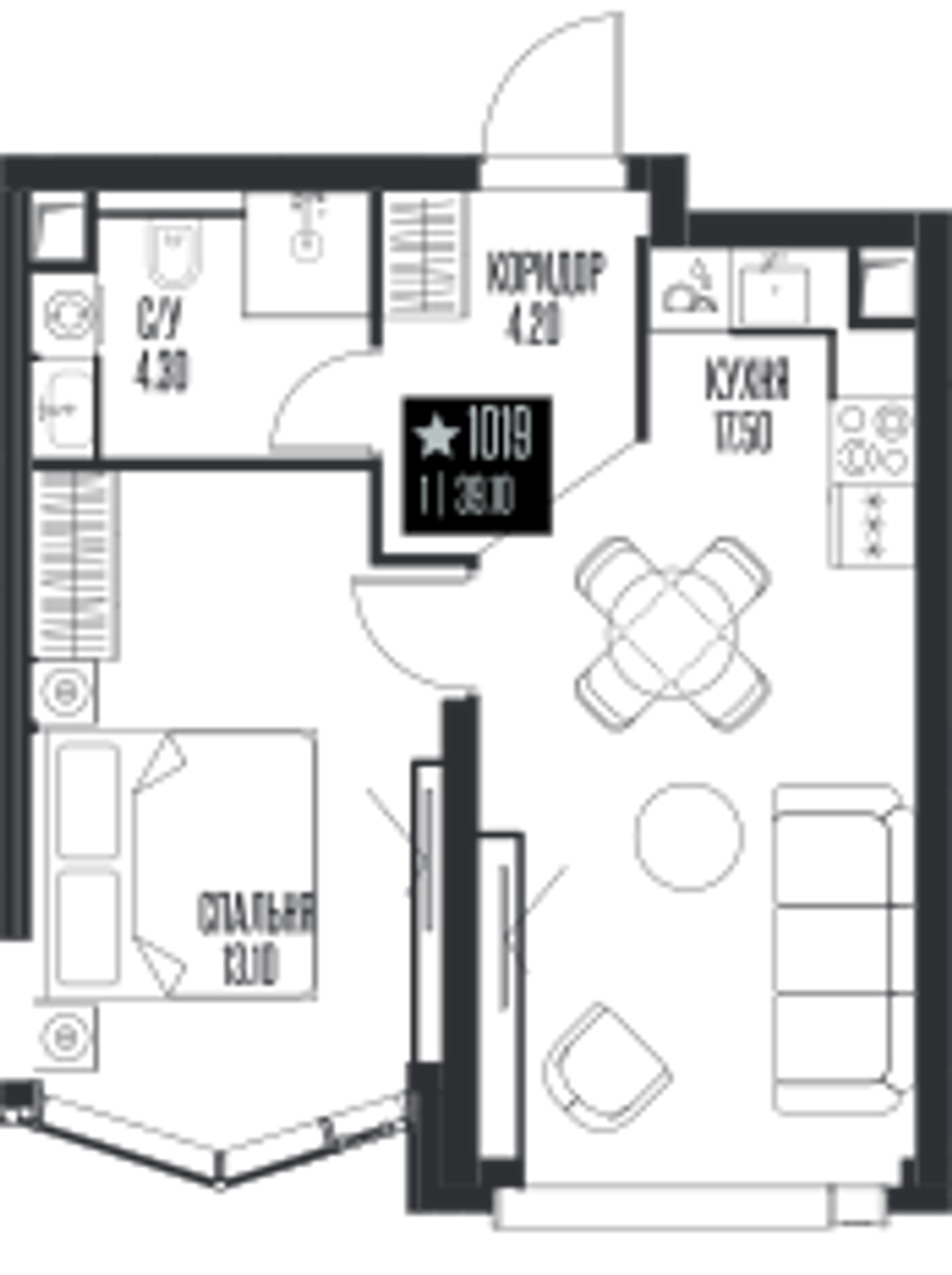 Планировка: 1-комнатная, 39,1 м²