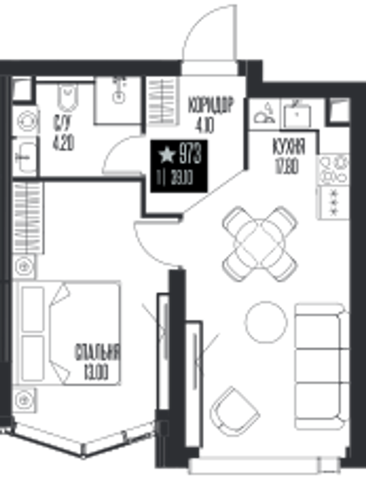 Планировка: 1-комнатная, 39,1 м²