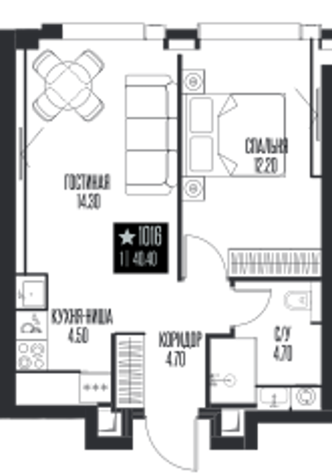Планировка: 1-комнатная, 40,4 м²
