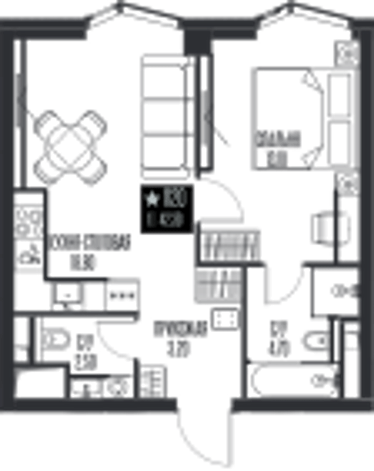 Планировка: 1-комнатная, 42,3 м²