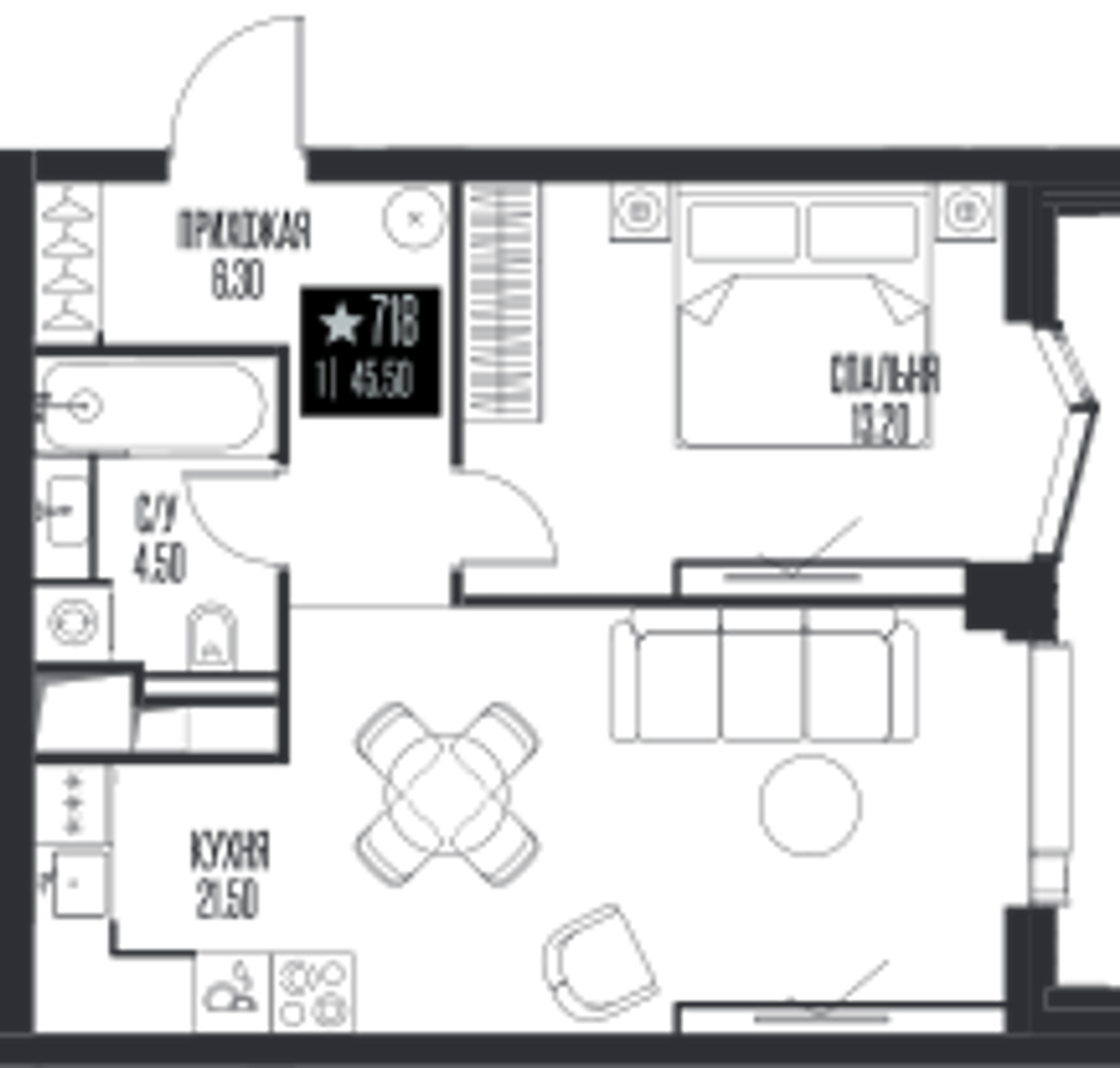Планировка: 1-комнатная, 45,5 м²
