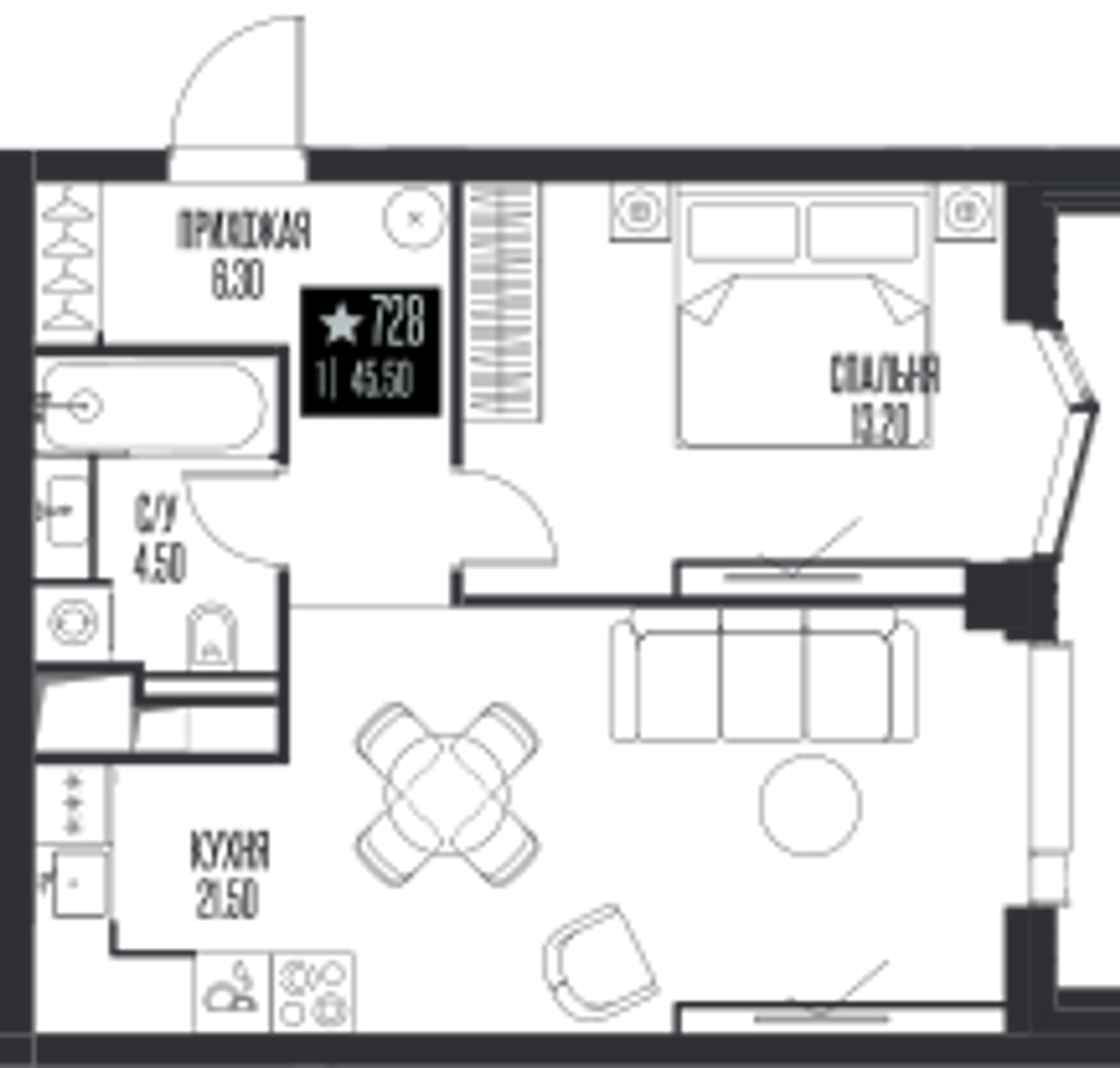 Планировка: 1-комнатная, 45,5 м²