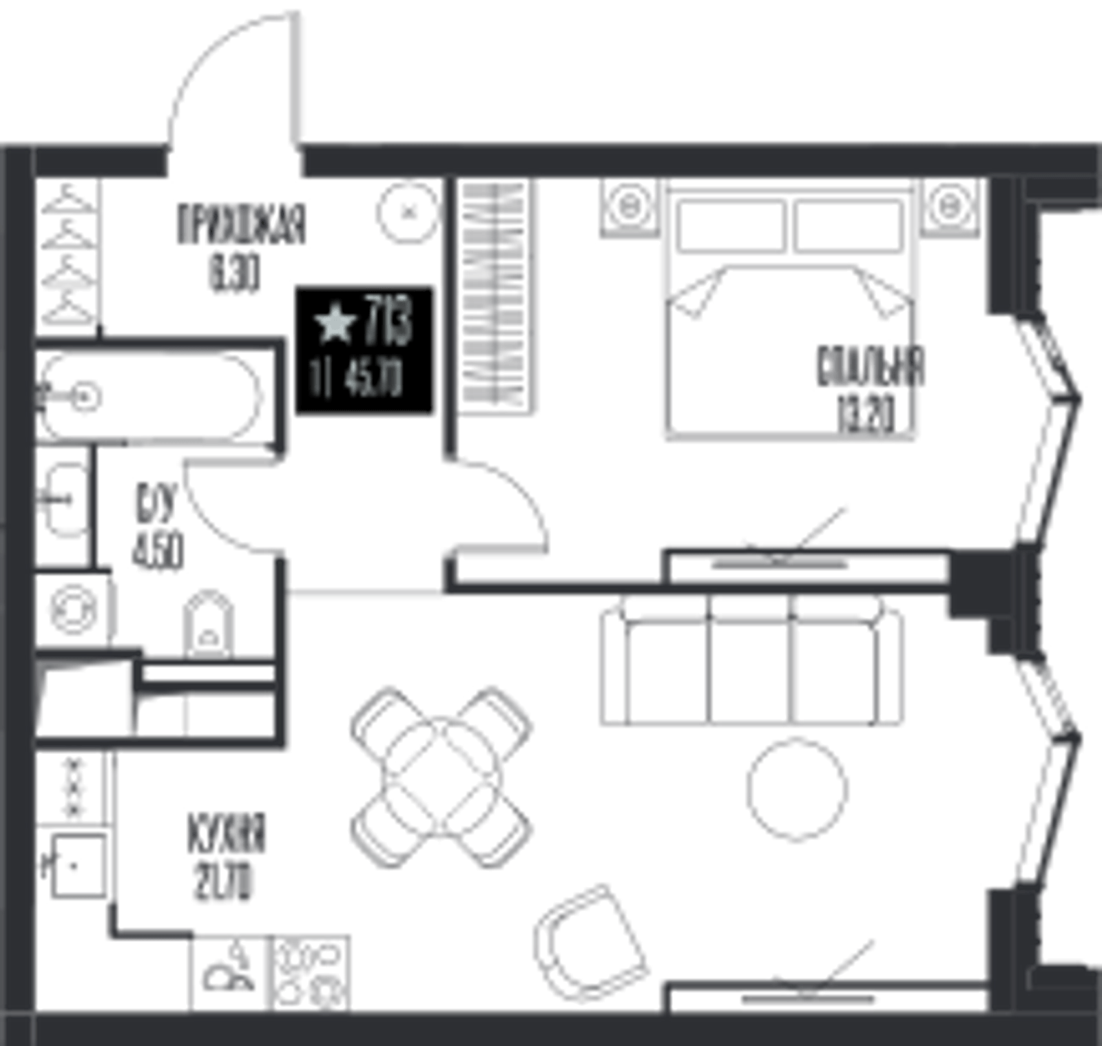 Планировка: 1-комнатная, 45,7 м²