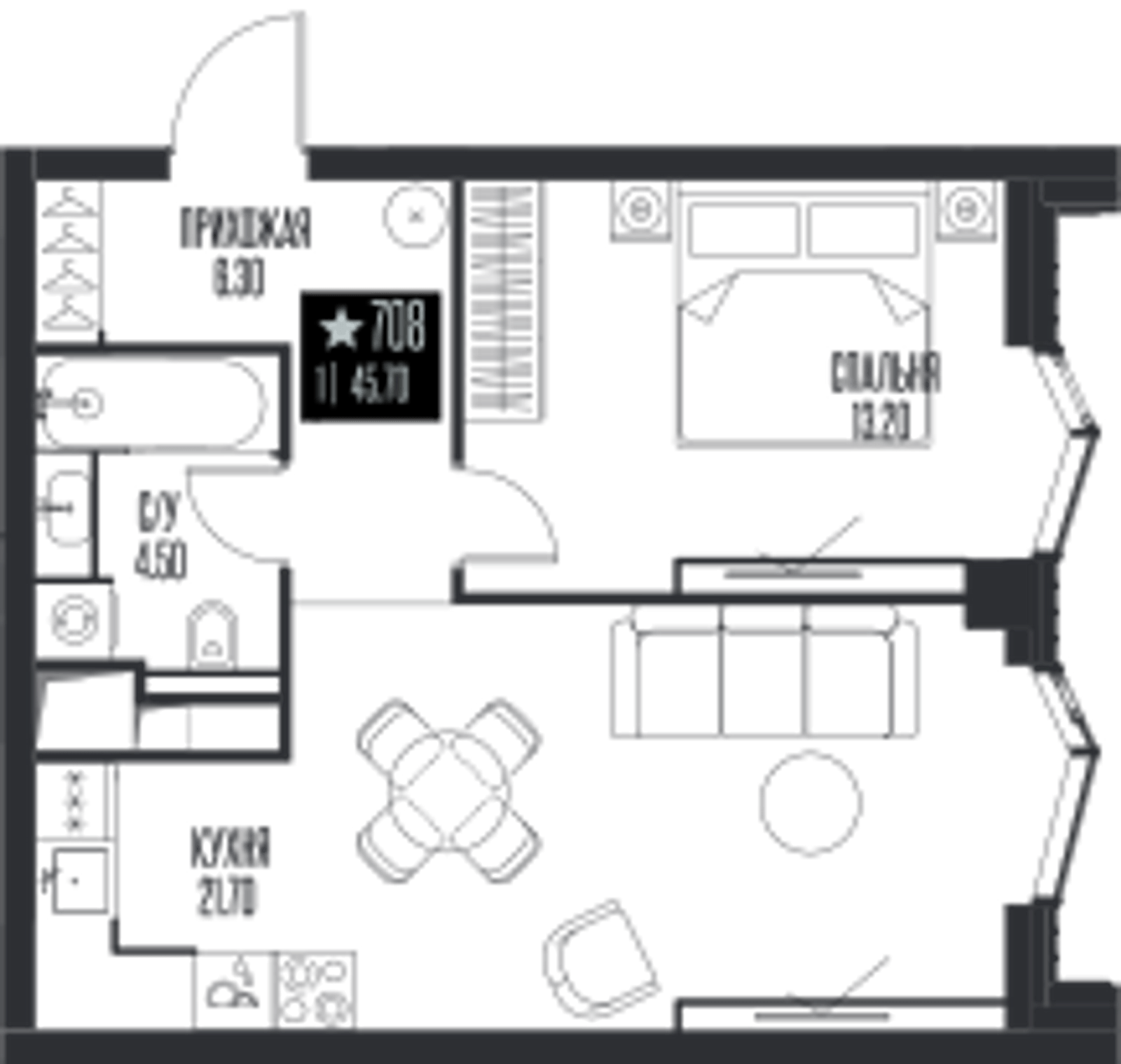 Планировка: 1-комнатная, 45,7 м²