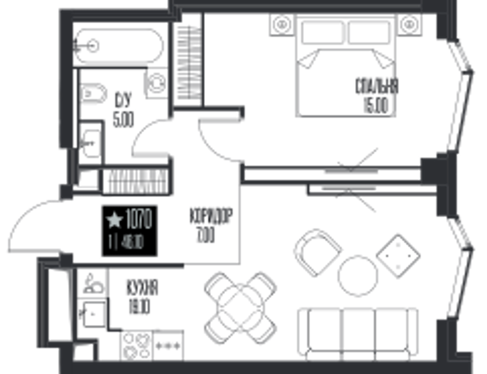 Планировка: 1-комнатная, 46,1 м²